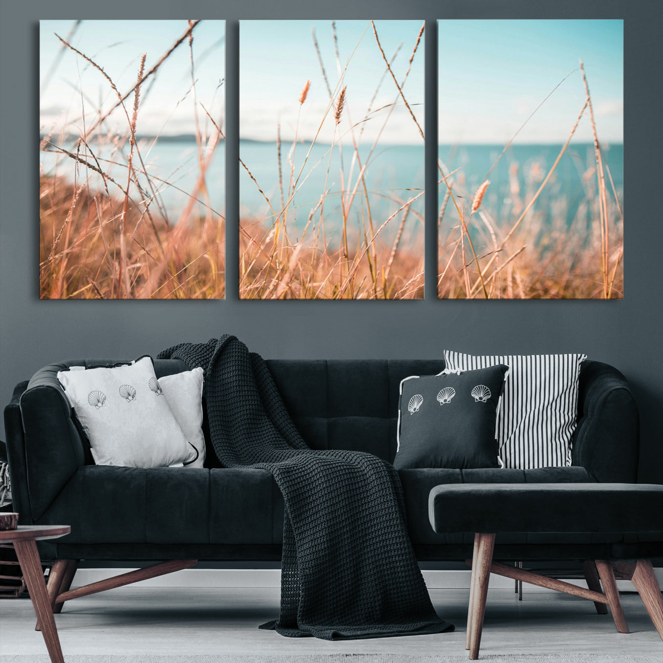 36108696-MGV-CV-36X24-Coastal Grass Landscape Wall Art Canvas Print – Golden Shoreline Nature Scene Serene Ocean View Artwork for Home Office