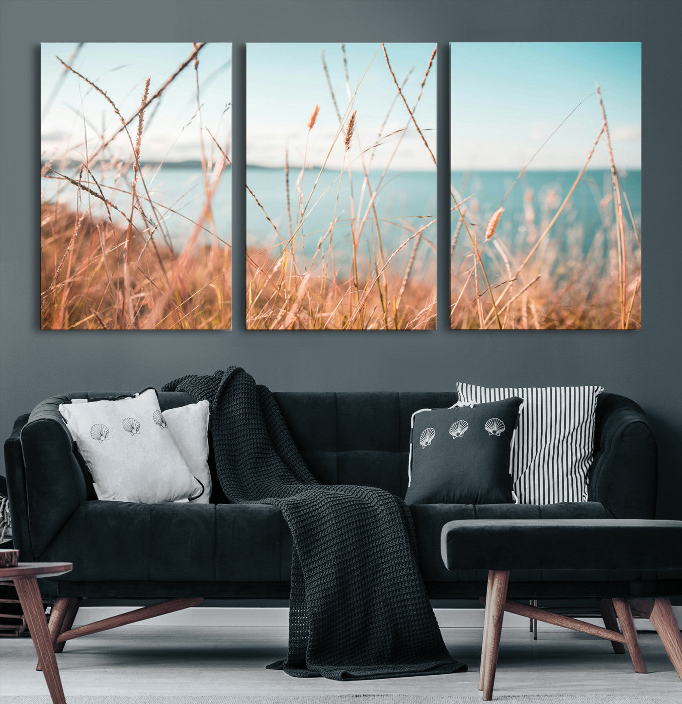 36108696-MGV-CV-36X24-Coastal Grass Landscape Wall Art Canvas Print – Golden Shoreline Nature Scene Serene Ocean View Artwork for Home Office