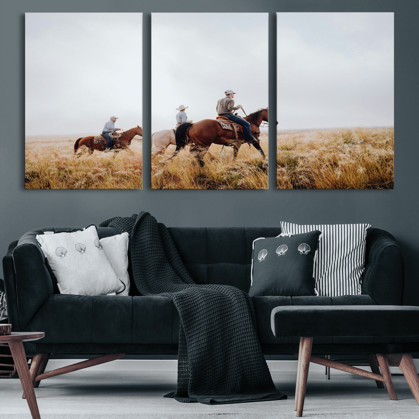 -Western Cowboys Wall Art Canvas Print – Rustic Prairie Horseback Riding Scene Country Landscape Artwork for Home Office