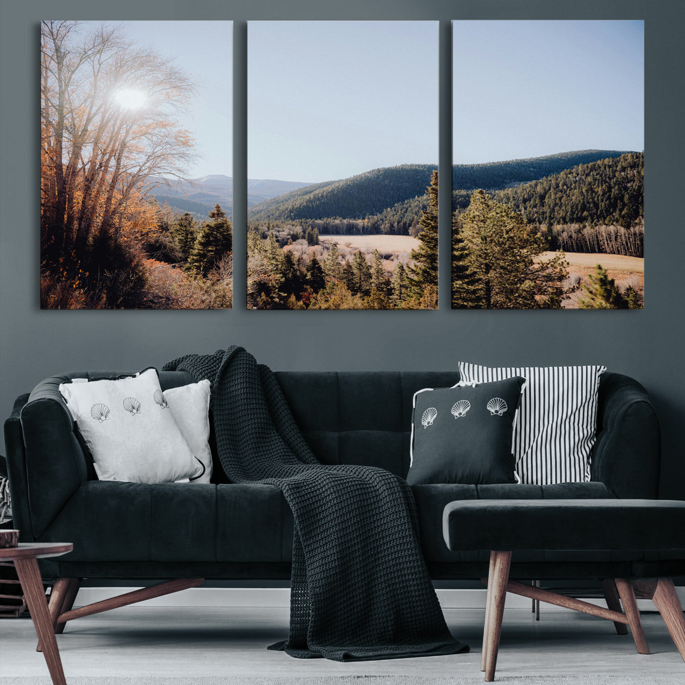 -Rustic Landscape Wall Art Canvas Print – Serene Valley Scene Pine Tree Horizon Nature Artwork for Home Office