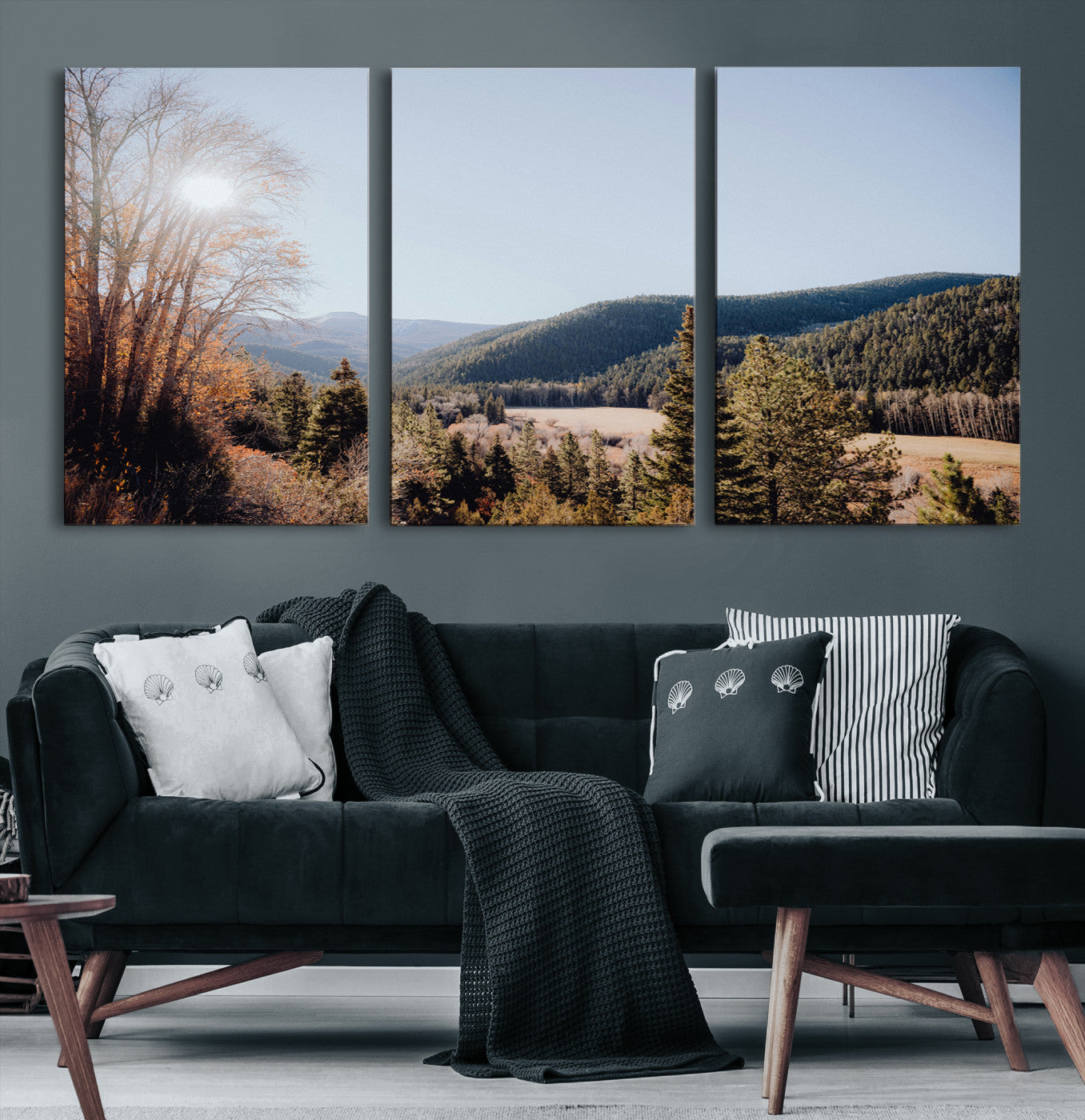 -Rustic Landscape Wall Art Canvas Print – Serene Valley Scene Pine Tree Horizon Nature Artwork for Home Office