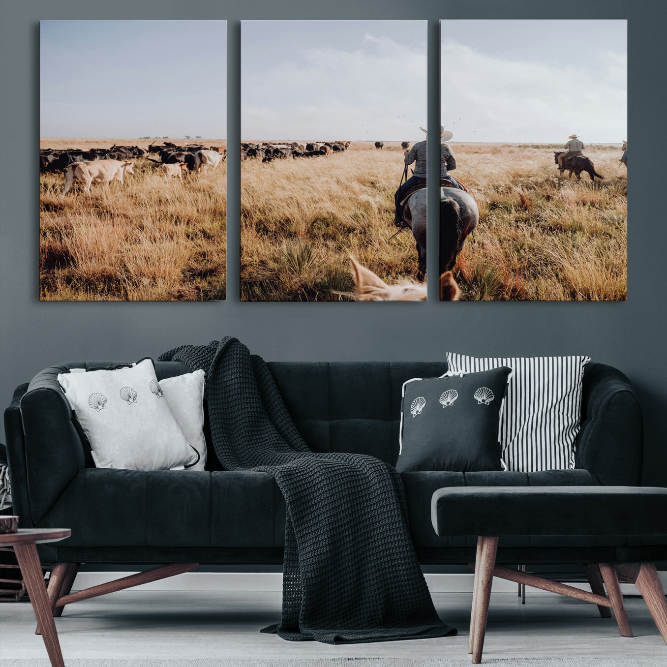 -Western Wall Art Canvas Print – Framed Cowboy Cattle Drive Scene Rustic Ranch Landscape Artwork for Home Office