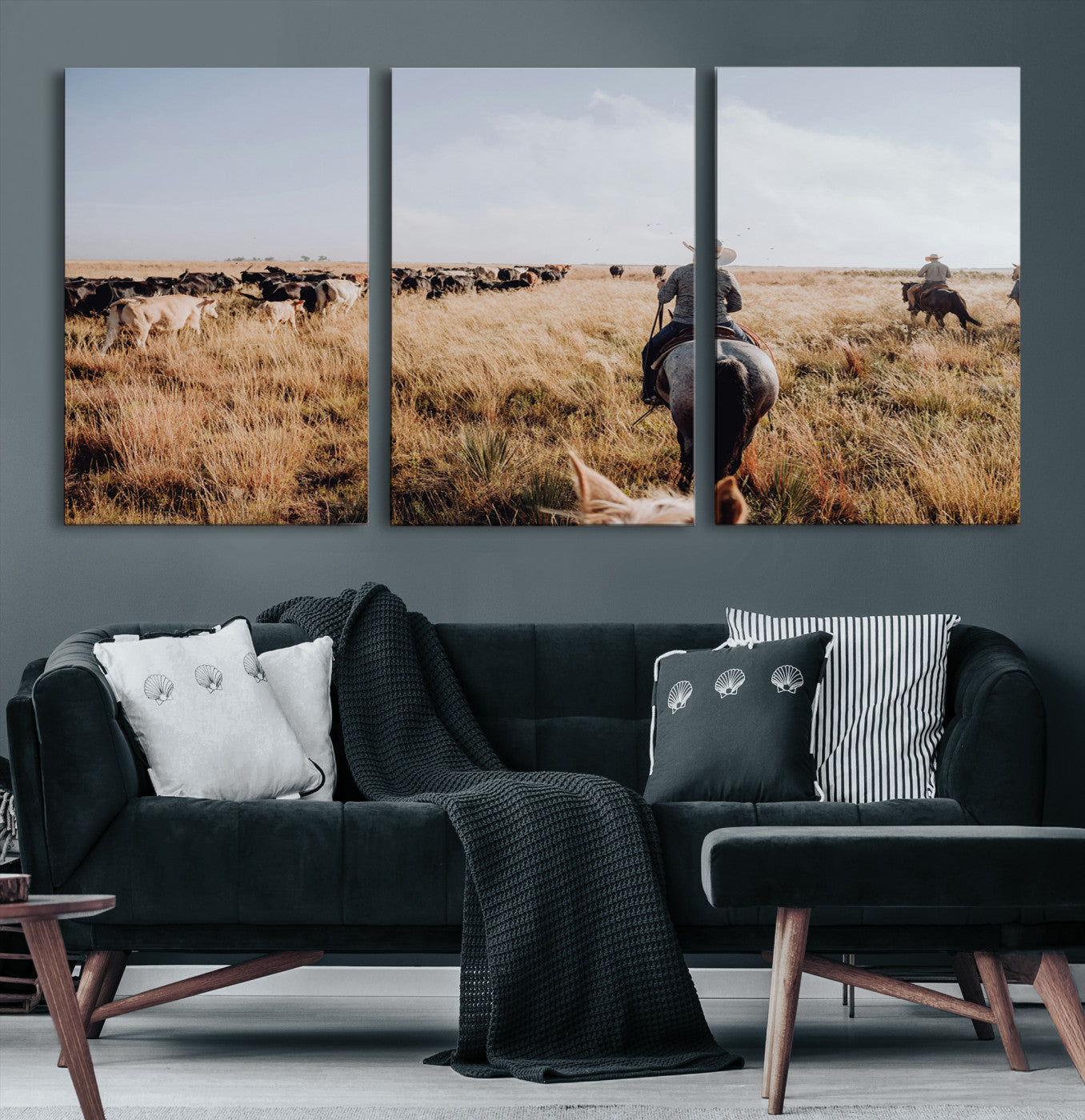 -Western Wall Art Canvas Print – Framed Cowboy Cattle Drive Scene Rustic Ranch Landscape Artwork for Home Office