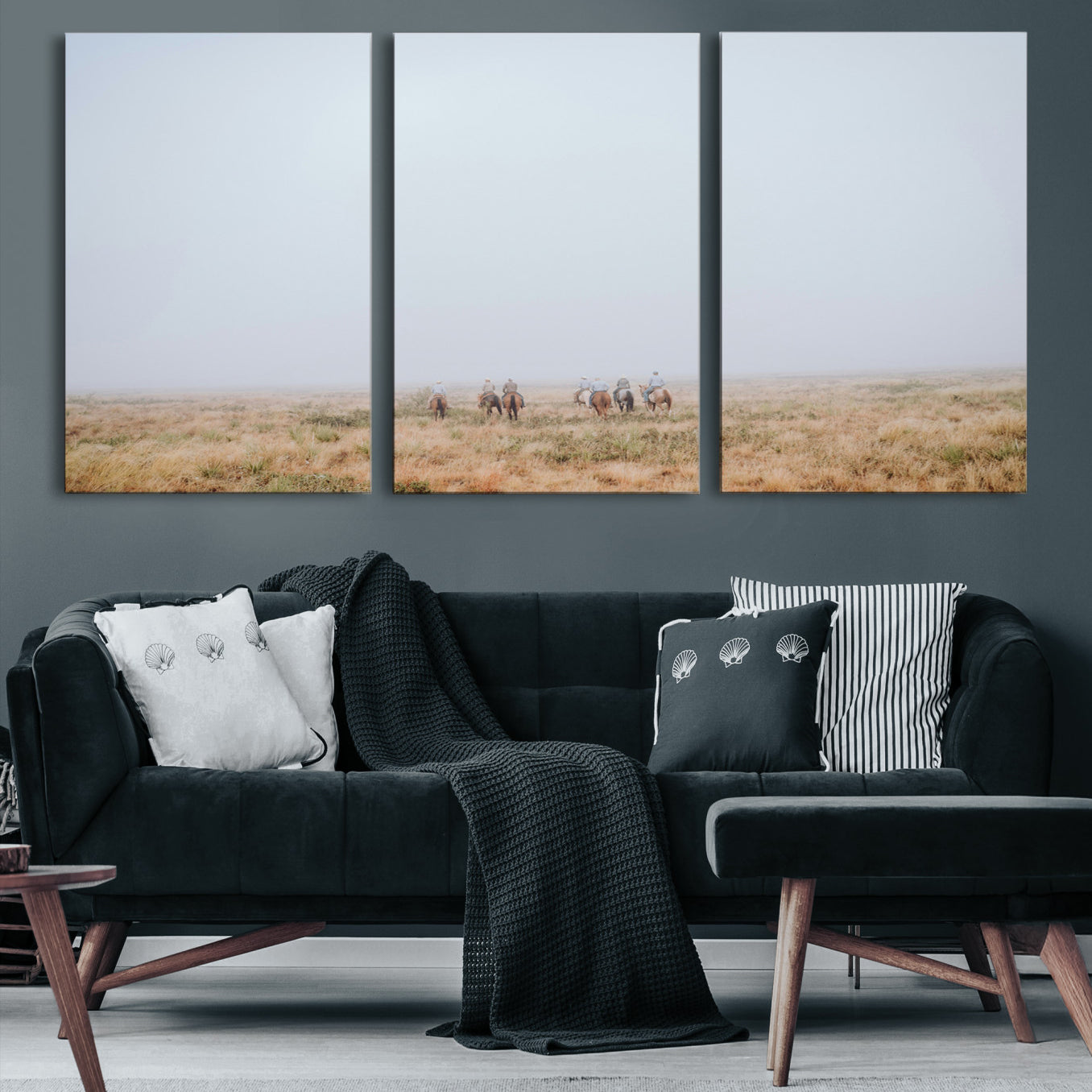 14761944-MGV-CV-36X24-Foggy Plains Wall Art Canvas Print – Framed Horseback Riders Rustic Western Landscape Scene Artwork for Home Office