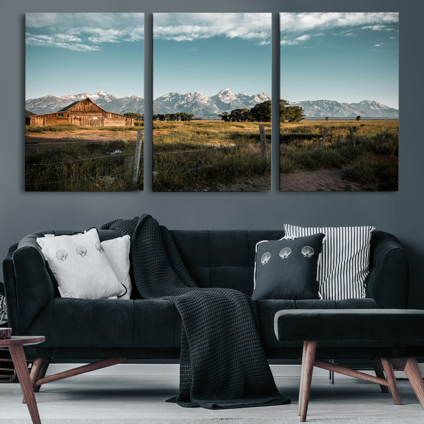 -Rustic Farmhouse Wall Art Canvas Print – Framed Mountain Cabin Western Landscape Scene Artwork for Home Office