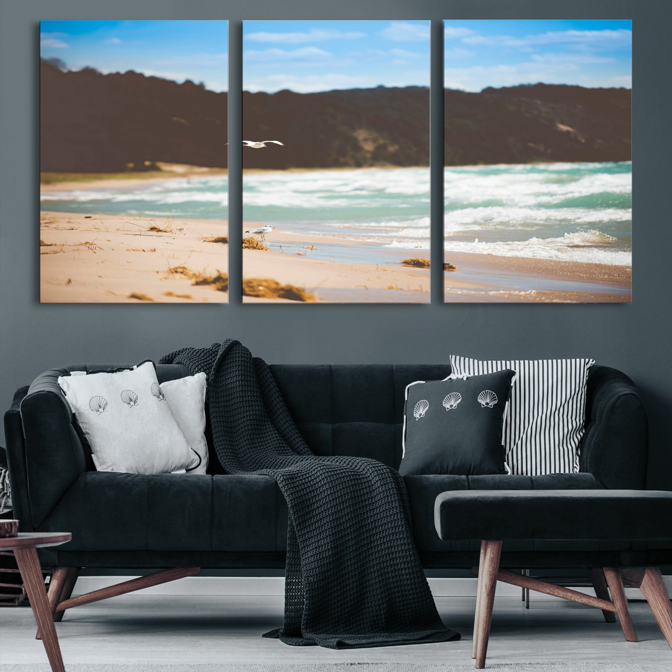 -Tranquil Beach Scene Wall Art Canvas Print – Framed Blue Ocean Waves Sandy Shore Coastal Nature Artwork for Home Office