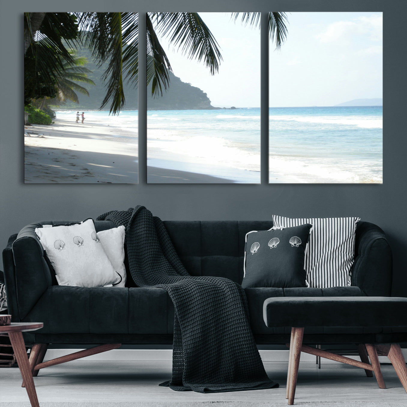 -Tropical Beach Wall Art Canvas Print – Framed Serene Ocean Scene Palm Tree Shadows Coastal Nature Artwork for Home Office