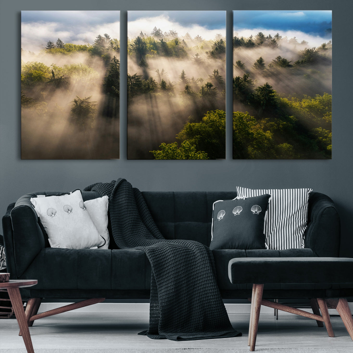 -Tranquil Forest Scene Wall Art Canvas Print – Framed Moody Sunbeam Through Trees Nature Artwork for Home Office