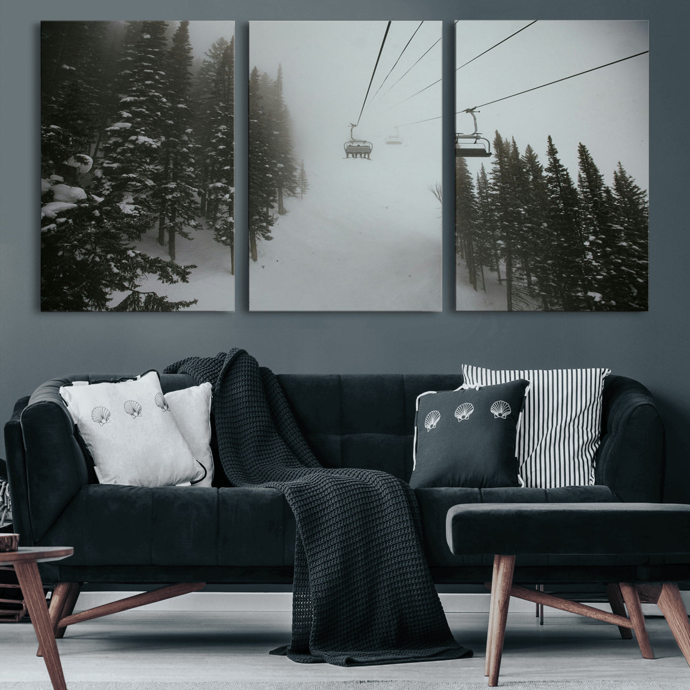87018452-MGV-CV-60X30-3P-Ski Lift Wall Art Canvas Print – Snowy Pines Misty Landscape Winter Serenity Artwork for Home, Office Decor
