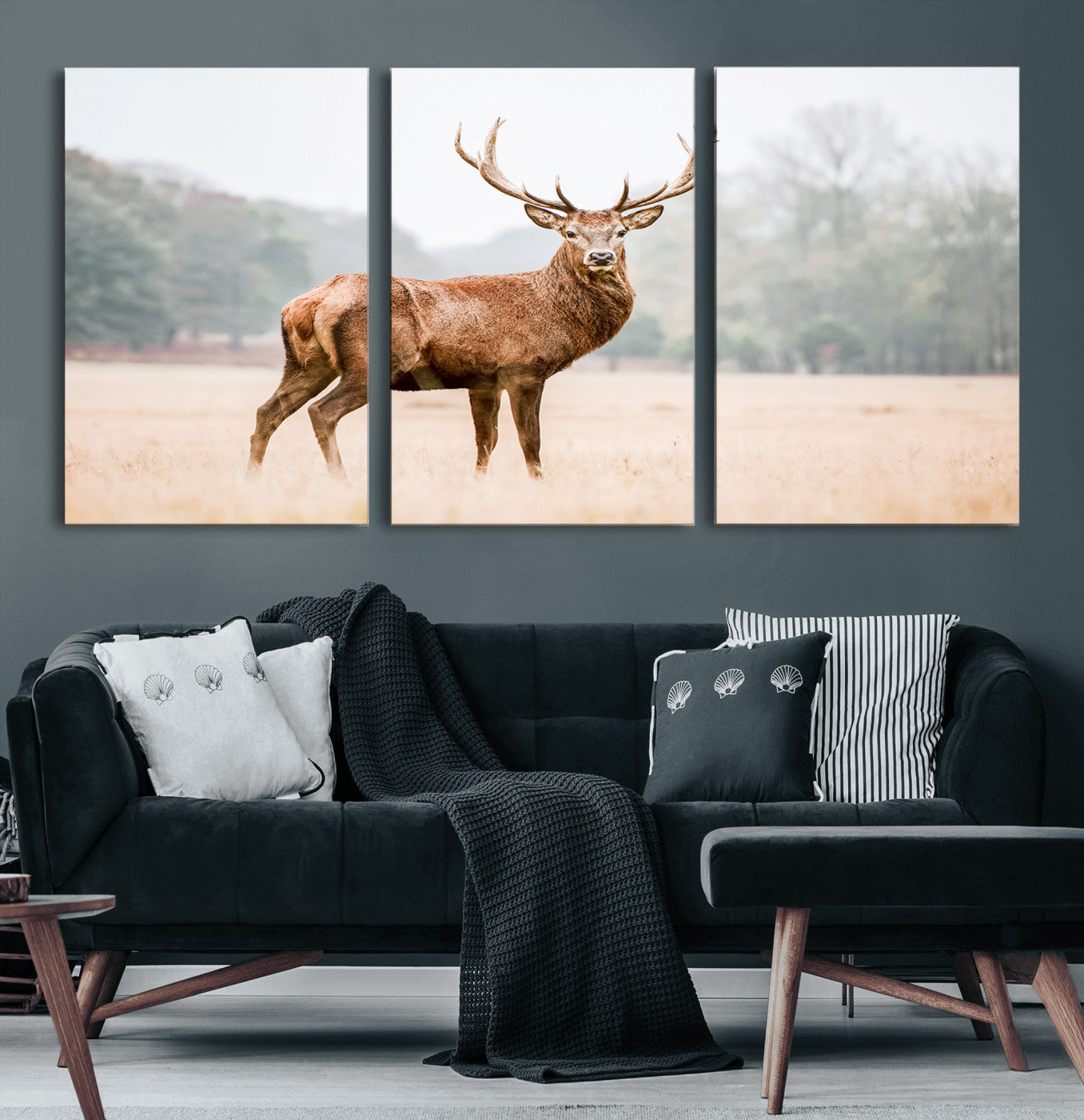 86502413-MGV-CV-60X30-3P-Vintage Wildlife Wall Art Canvas Print – Misty Landscape Deer Rustic Nature Photography Artwork for Home, Office
