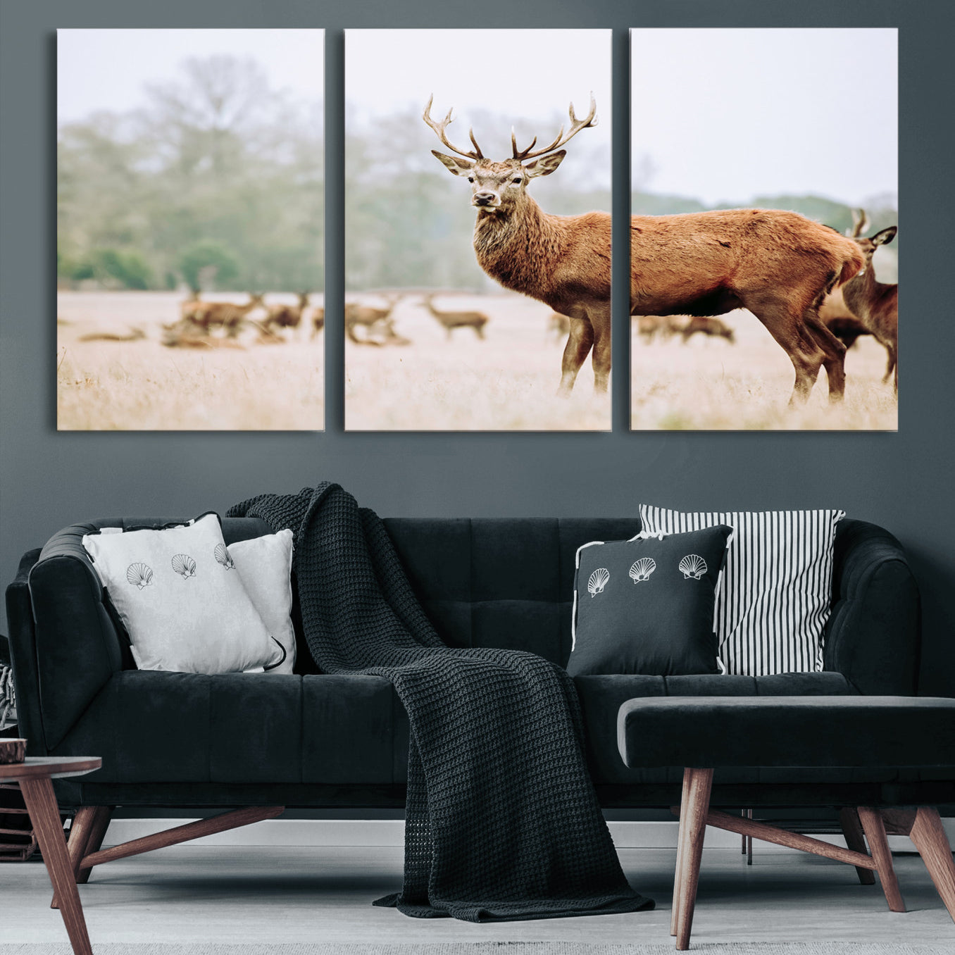 53240224-MGV-CV-60X30-3P-Rustic Deer Wall Art Canvas Print – Forest Woodland Stag Nordic Animal Scenic Nature Artwork for Home, Cabin