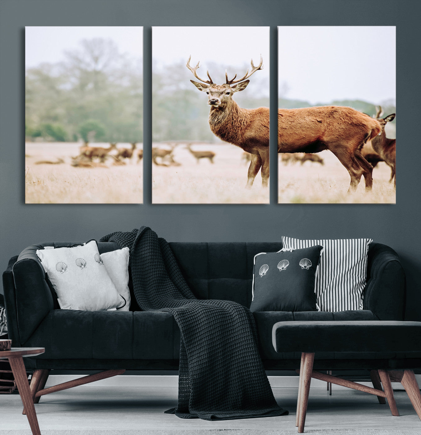 53240224-MGV-CV-60X30-3P-Rustic Deer Wall Art Canvas Print – Forest Woodland Stag Nordic Animal Scenic Nature Artwork for Home, Cabin