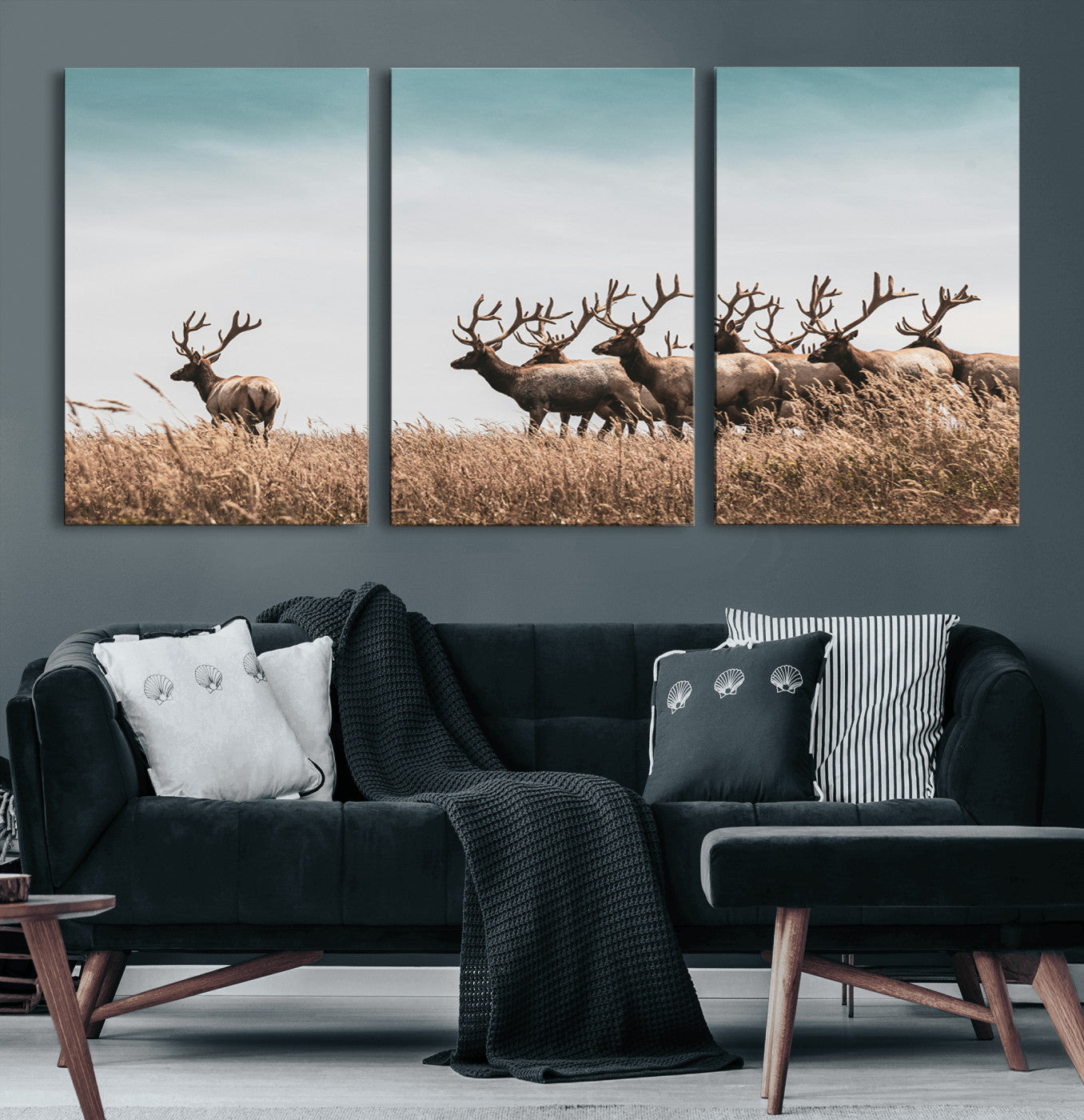 81594705-MGV-CV-60X30-3P-Elk Herd Wall Art Canvas Print – Framed Wildlife Photography Rustic Nature Scene Artwork for Home, Office, Living Room