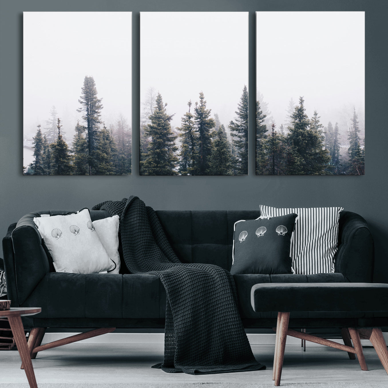 42364796-MGV-CV-60X30-3P-Foggy Forest Wall Art Canvas Print – Framed Misty Pines Moody Woodland Nature Scene Artwork for Home Office
