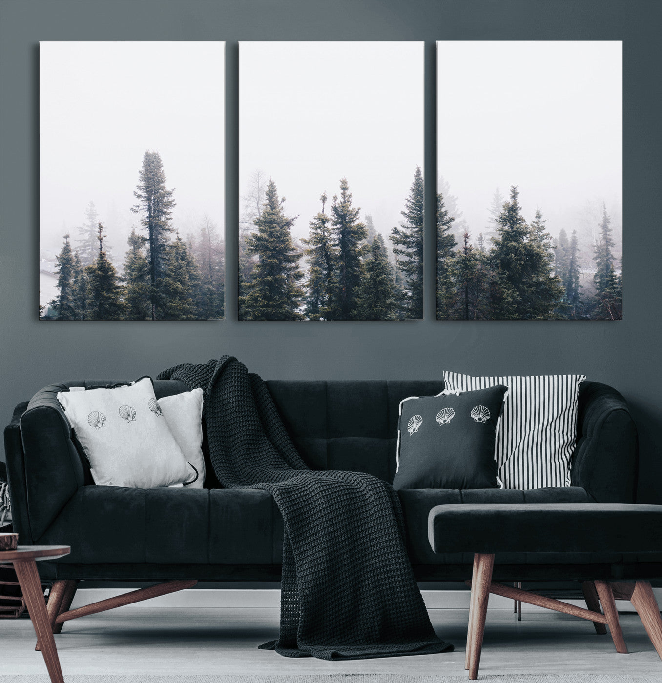 42364796-MGV-CV-60X30-3P-Foggy Forest Wall Art Canvas Print – Framed Misty Pines Moody Woodland Nature Scene Artwork for Home Office