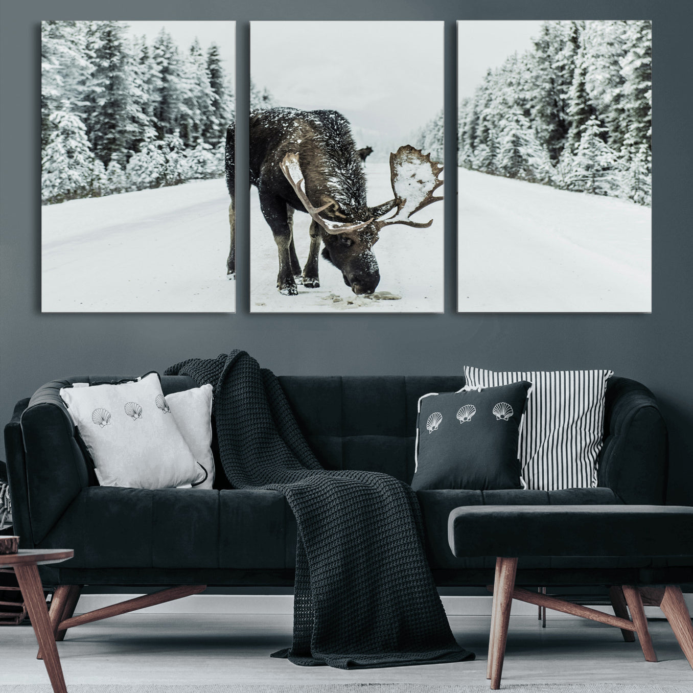 13316292-MGV-CV-60X30-3P-Moose Snow Wall Art Canvas Print – Framed Winter Wildlife Snowy Forest Nature Scene Artwork for Home, Office, Living Room