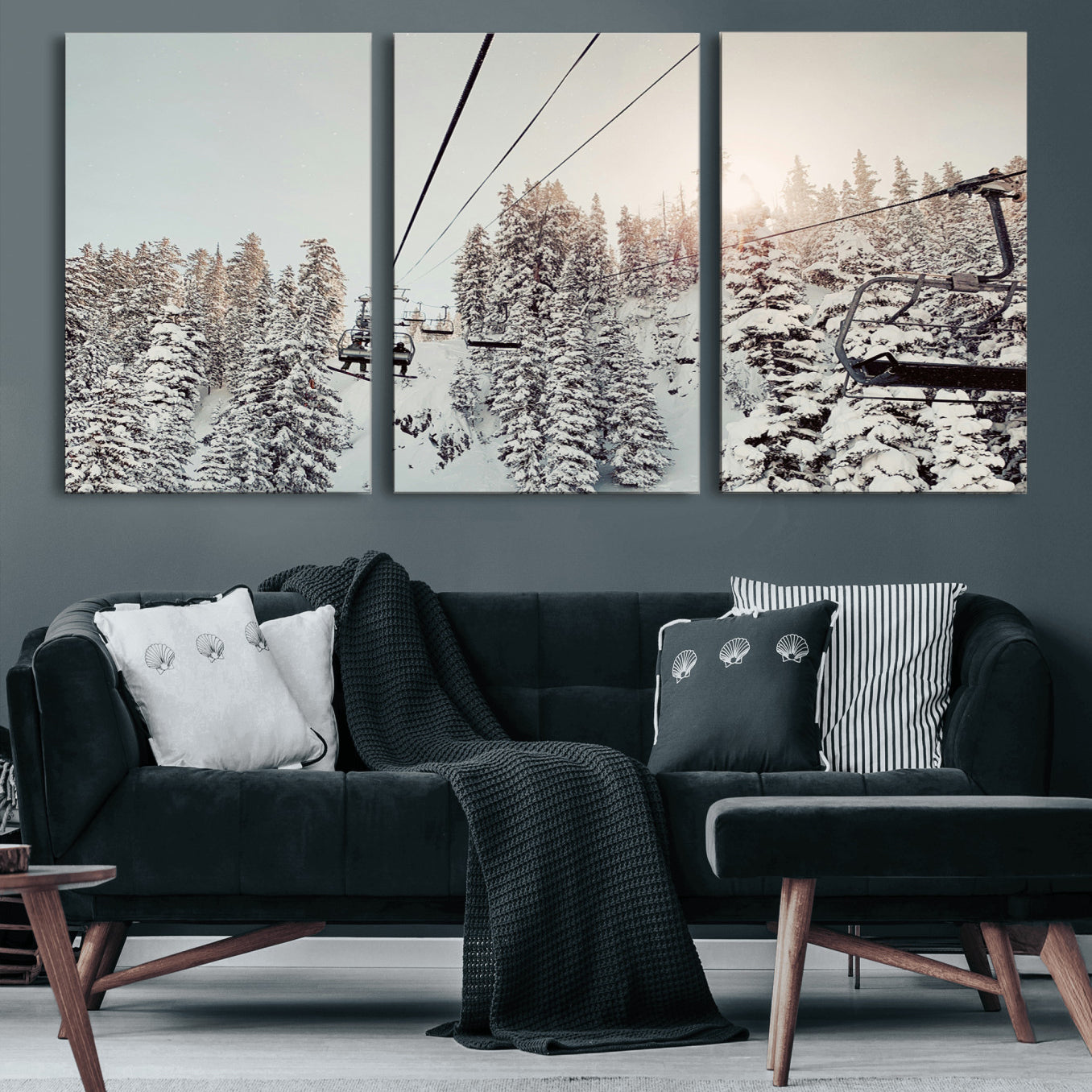 91534512-MGV-CV-36X24-Frosty Pines Wall Art Canvas Print – Framed Cozy Cabin Ski Lift Ride Winter Scene Artwork for Home Office