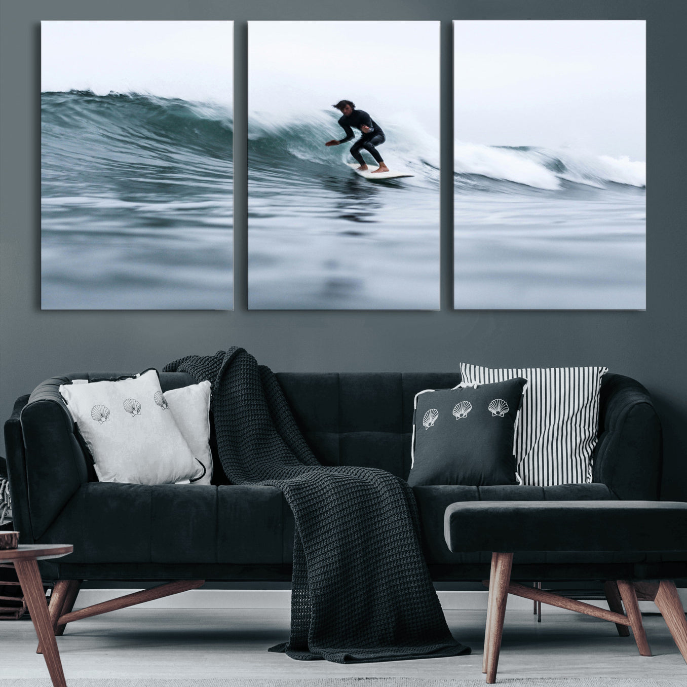 11693607-MGV-CV-60X30-3P-Surfer on Wave Wall Art Canvas Print – Framed Ocean Adventure Motion Blur Water Coastal Action Artwork for Home, Office