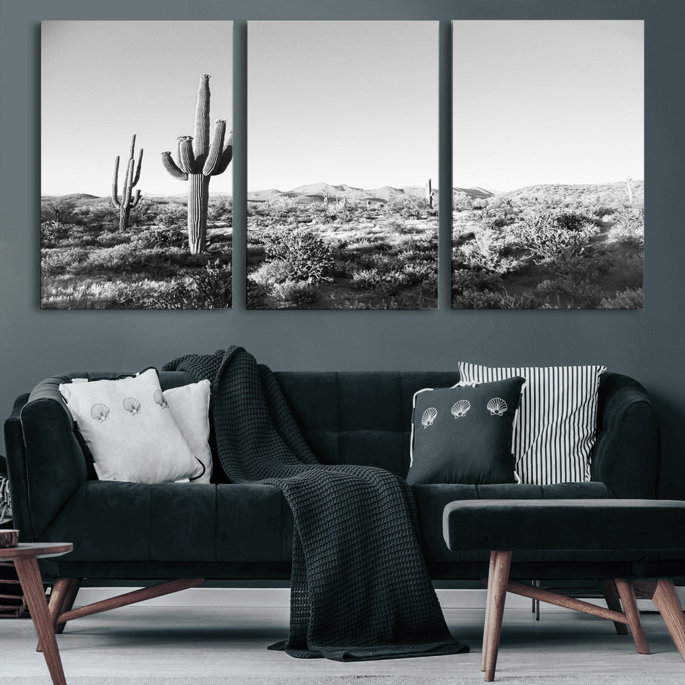 85205054-MGV-CV-60X30-3P-Saguaro Cactus Wall Art Canvas Print – Framed Monochrome Landscape Scenic Arizona Minimalist Western Artwork for Home, Office