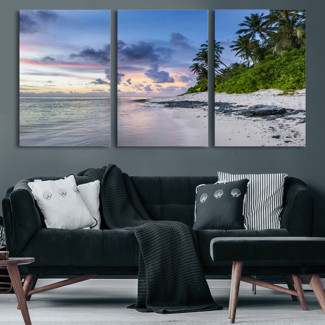 75045485-MGV-CV-60X30-3P-Tropical Beach Wall Art Canvas Print, Framed Sunset Glow Art Picture Print, Palm Tree Coast Perfect Tropical Coastal Decor Artwork