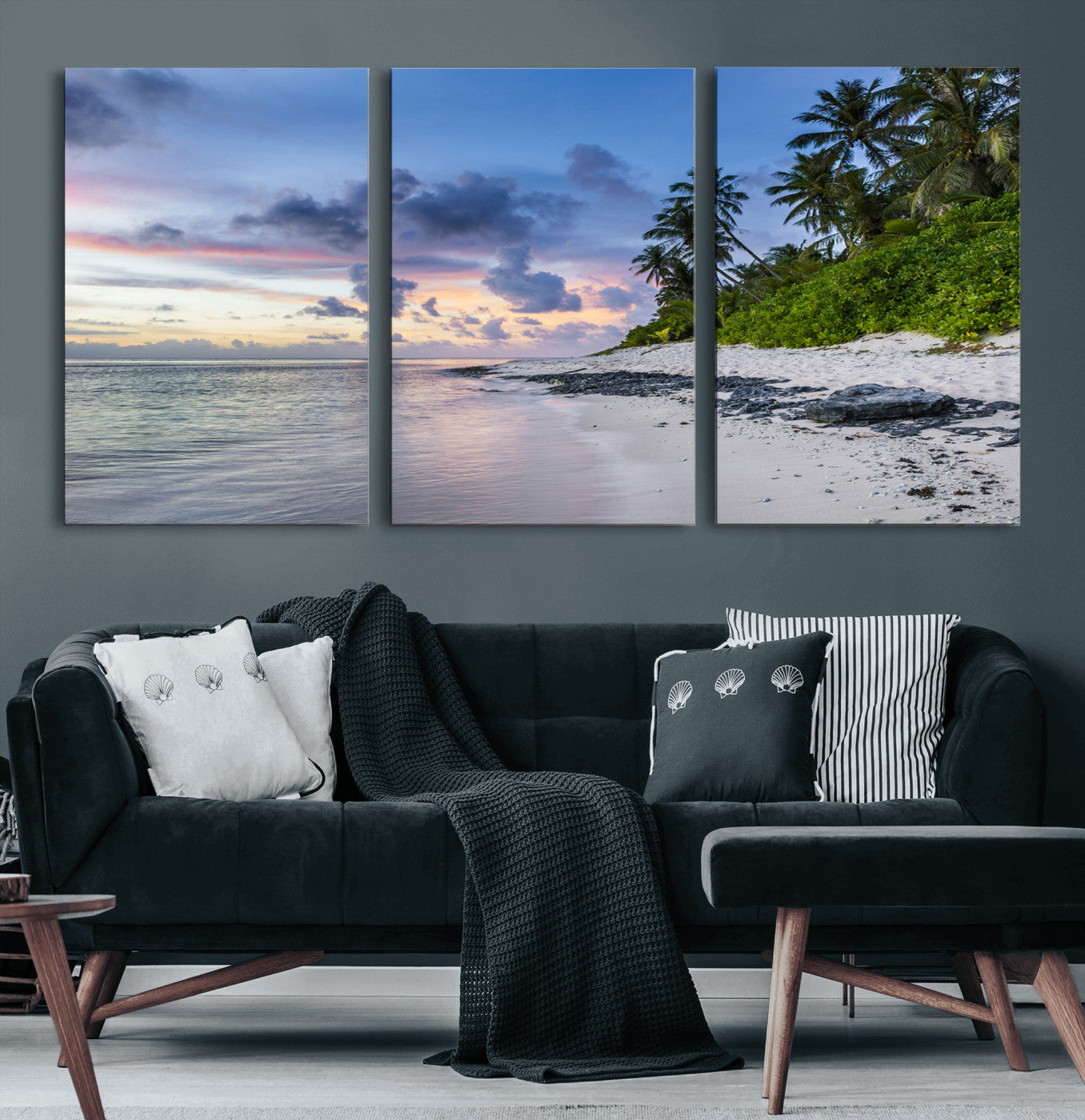 75045485-MGV-CV-60X30-3P-Tropical Beach Wall Art Canvas Print – Framed Sunset Glow Palm Tree Coast Tropical Coastal Landscape Artwork for Home, Office