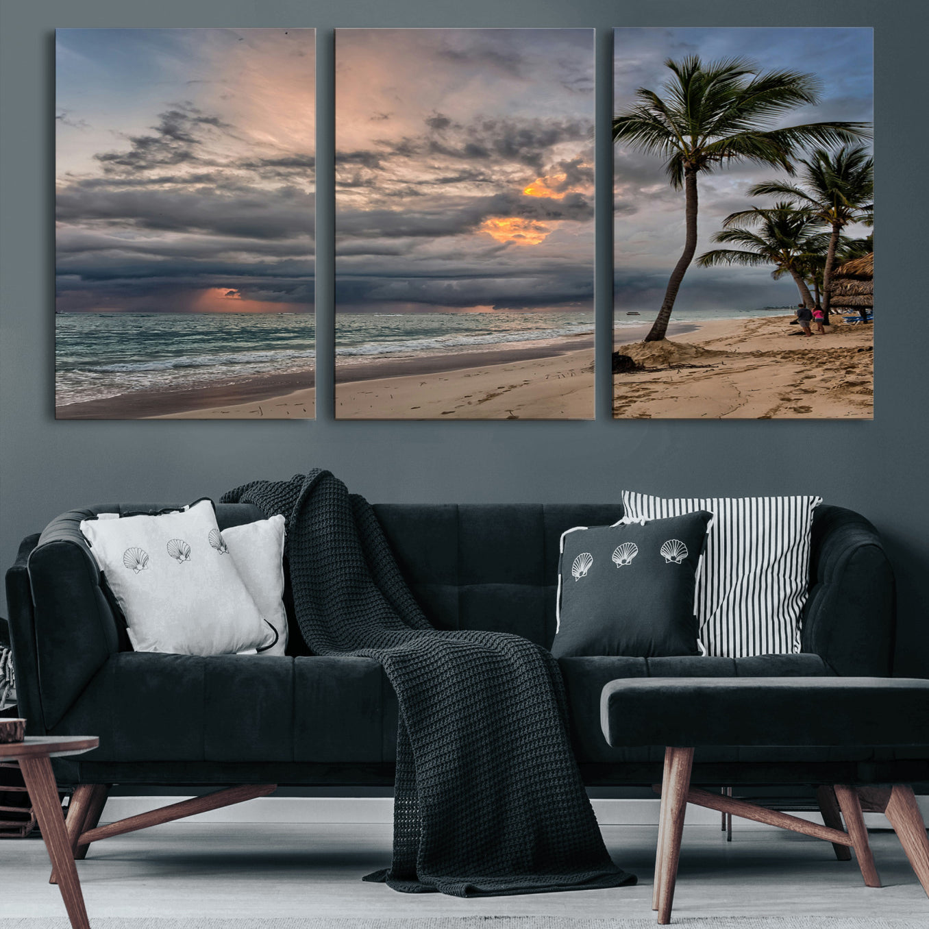 62574547-MGV-CV-60X30-3P-Tropical Storm Wall Art Canvas Print – Framed Moody Beach Dramatic Sky Tropical Coastal Landscape Artwork for Home, Office