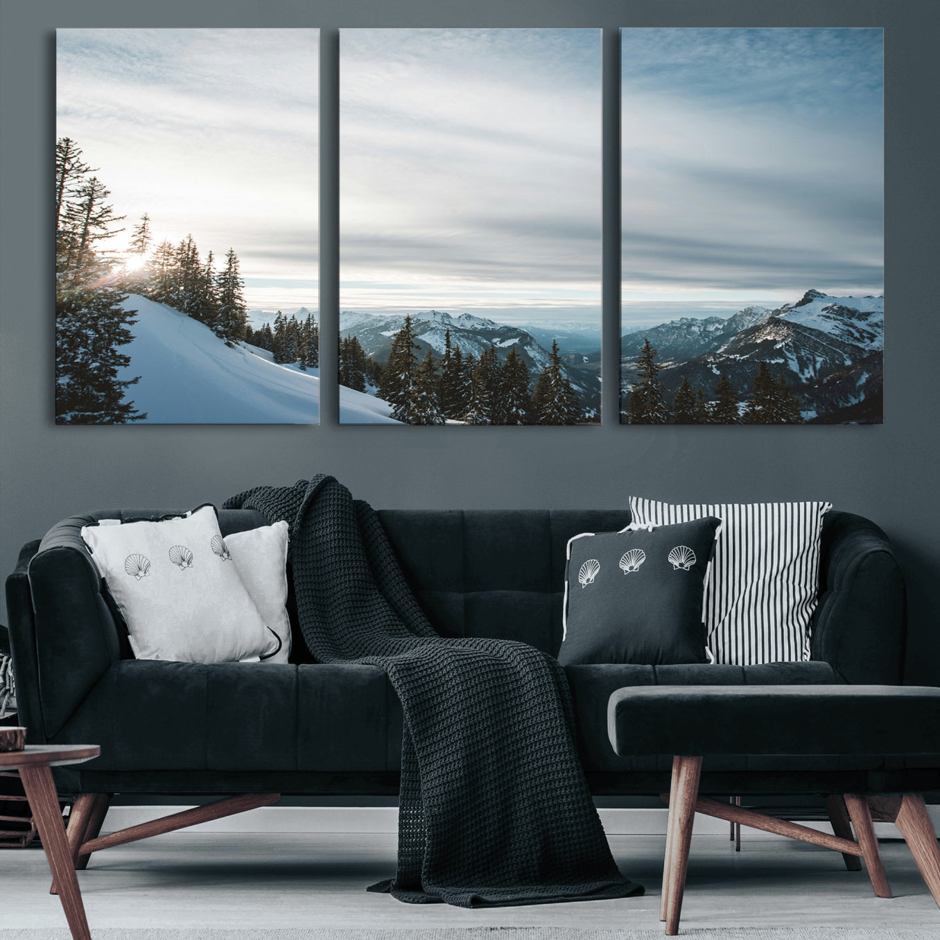 55564749-MGV-CV-60X30-3P-Snowy Mountains Wall Art Canvas Print – Framed Alpine Landscape Frosty Peaks Nordic Minimalist Nature Artwork for Home, Office