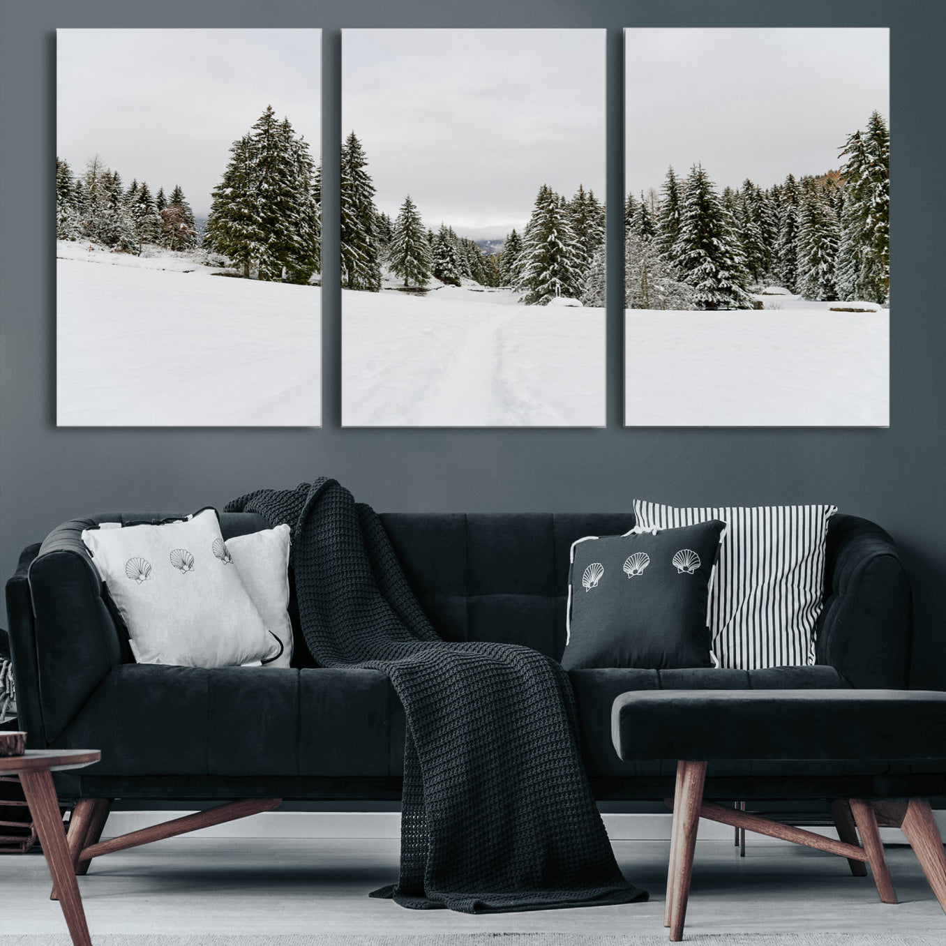 24581417-MGV-CV-60X30-3P-Frosty Pines Wall Art Canvas Print – Framed Silent Snowfall Cozy Cabin Nordic Minimalist Winter Landscape Artwork for Home, Office