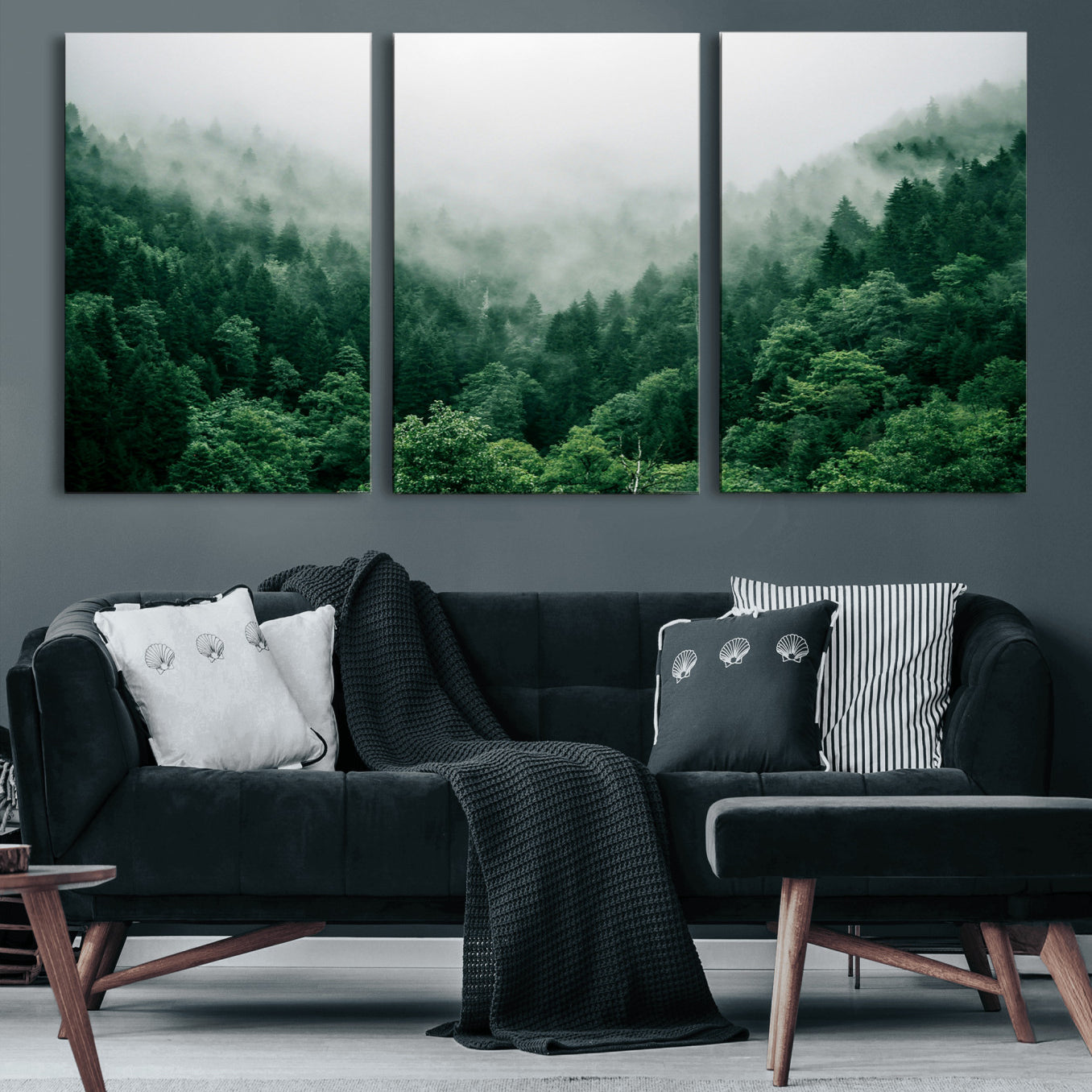 45265379-MGV-CV-60X30-3P-Misty Green Forest Canvas Print – Framed Serene Foggy Pine Landscape Tranquil Nature Wall Art for Home, Office