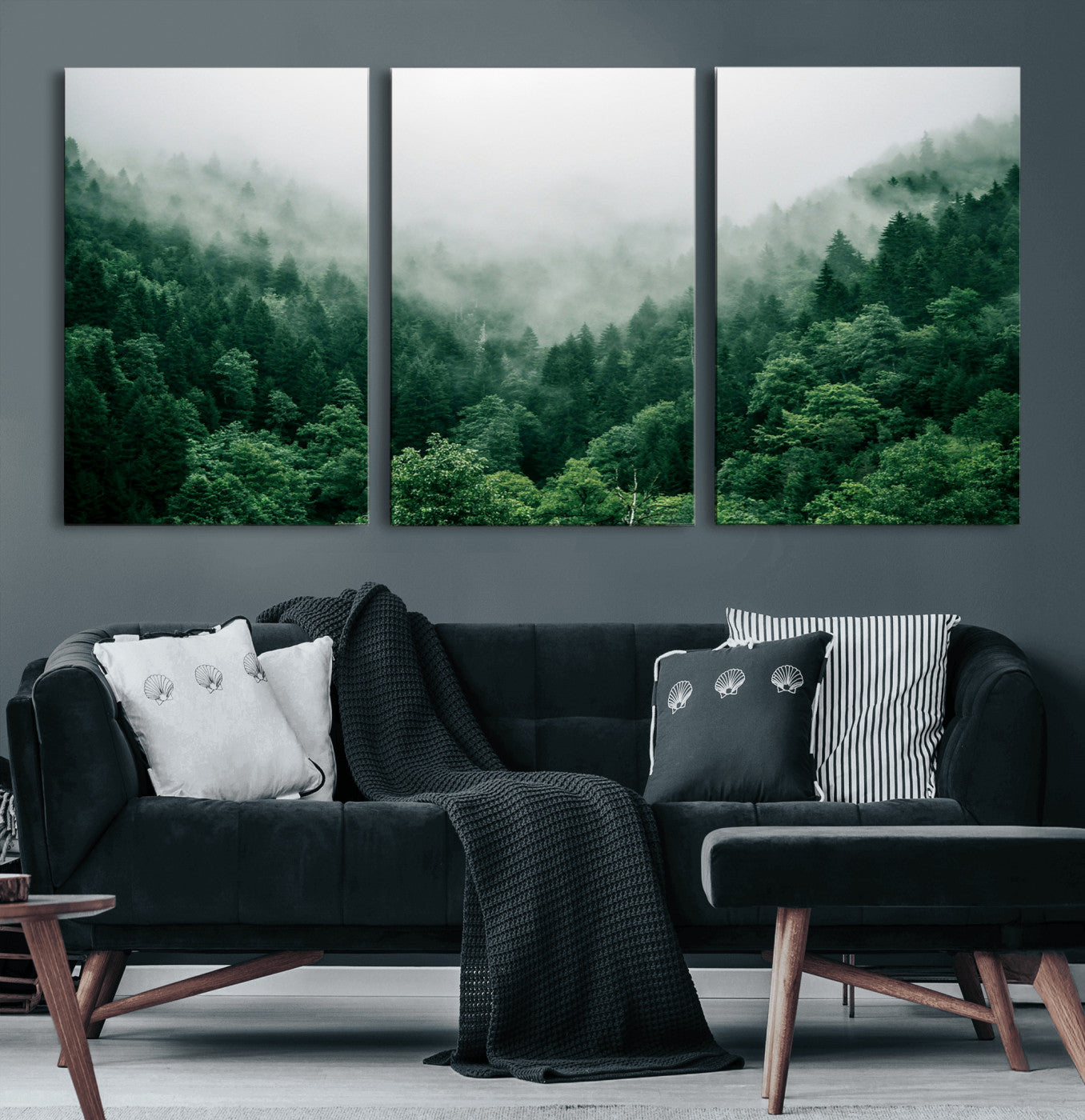 45265379-MGV-CV-60X30-3P-Misty Green Forest Canvas Print – Framed Serene Foggy Pine Landscape Tranquil Nature Wall Art for Home, Office