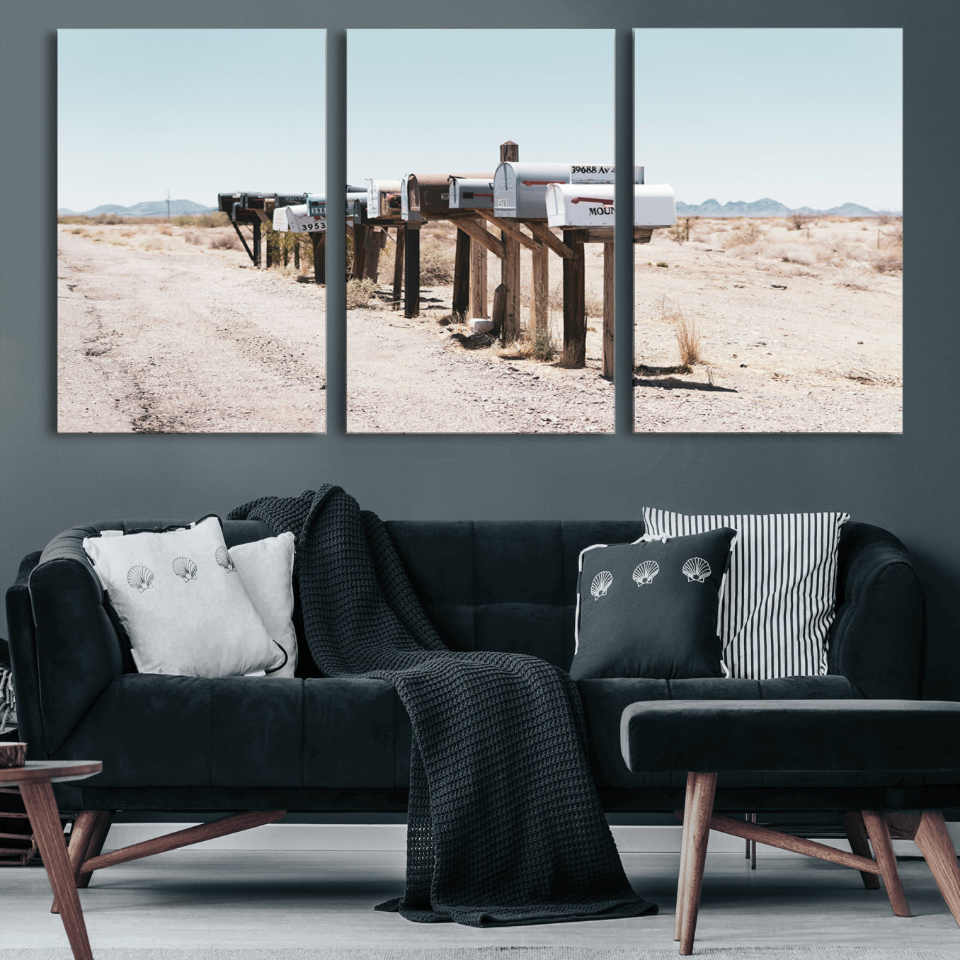 54616109-MGV-CV-60X30-3P-Desert Mailboxes Canvas Print – Minimal Western Landscape Photography, Rustic Americana Wall Art for