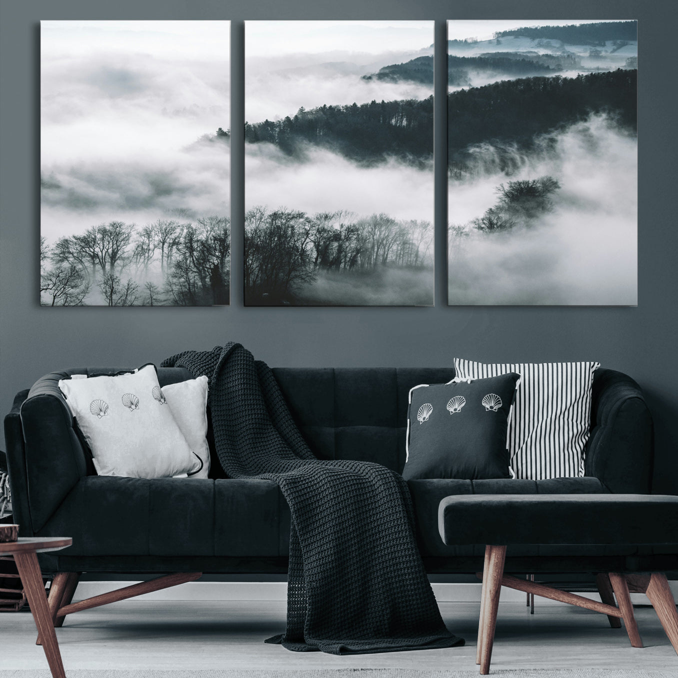 67569654-MGV-CV-60X30-3P-Foggy Forest Landscape Wall Art Canvas Print – Misty Mountain Valley Scene Monochrome Tones Nature Artwork for Home Office