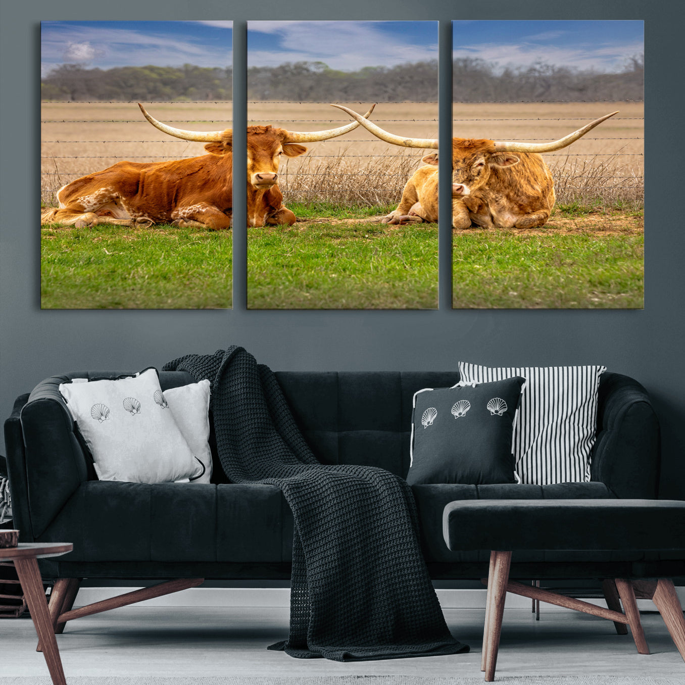-Texas Longhorn Pair Wall Art Canvas Print – Peaceful Rustic Ranch Scene with Two Cattle Field Western Artwork for Home Office