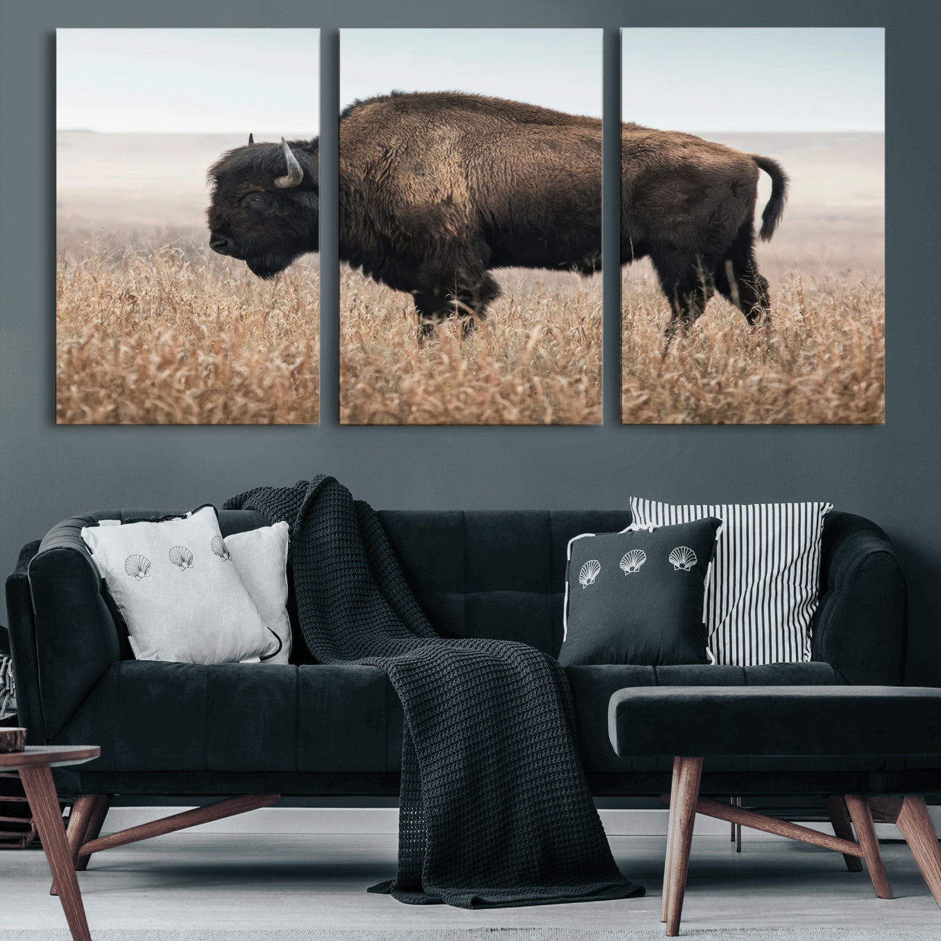 69909079-MGV-CV-60X30-3P-American Bison Field Wall Art Canvas Print – Majestic Buffalo Grazing Wide Open Plains Wildlife Artwork for Home, Office