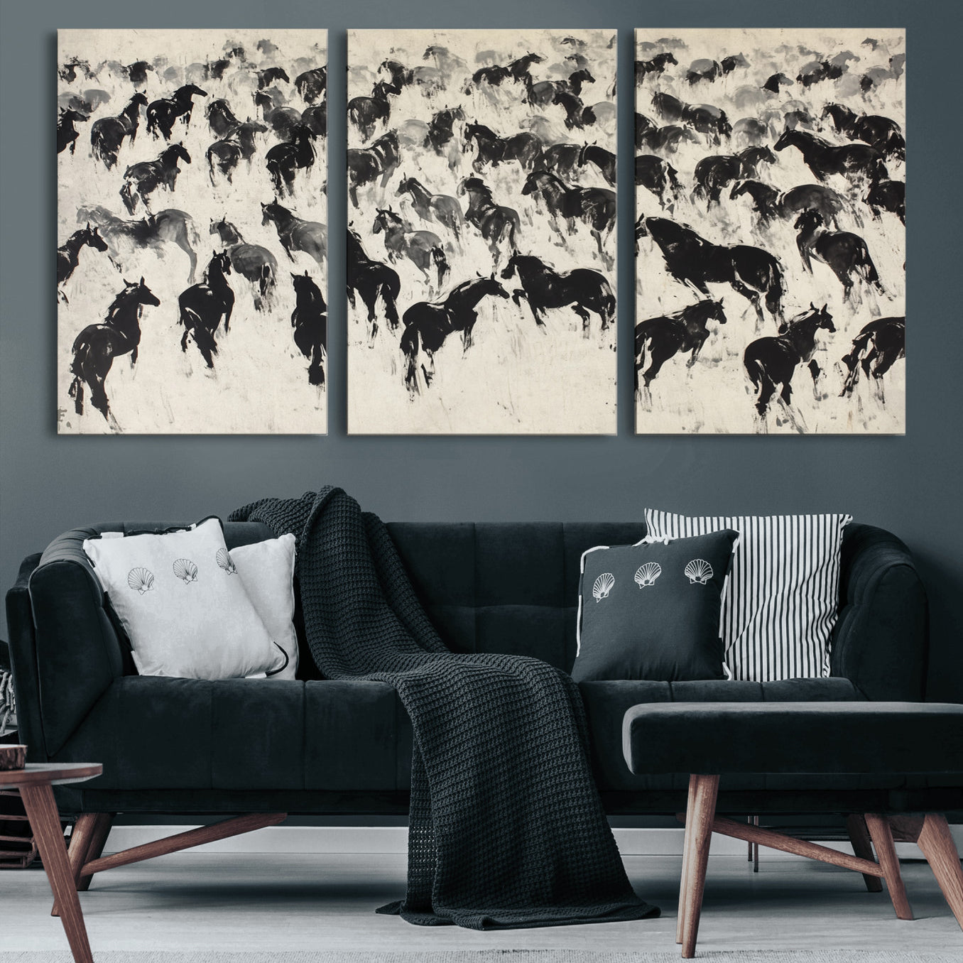 29265745-MGV-CV-36X24-Wild Horse Stampede Wall Art Canvas Print – Monochrome Running Horses Dynamic Motion Elegant Scene Artwork for Home, Office