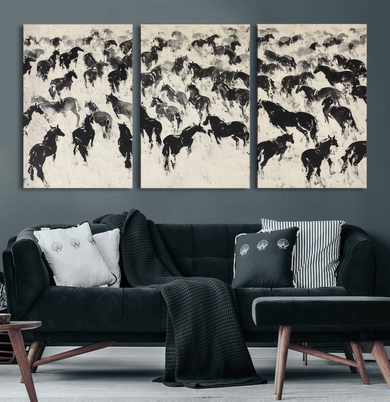 -Wild Horse Stampede Wall Art Canvas Print – Monochrome Running Horses Dynamic Motion Elegant Scene Artwork for Home, Office