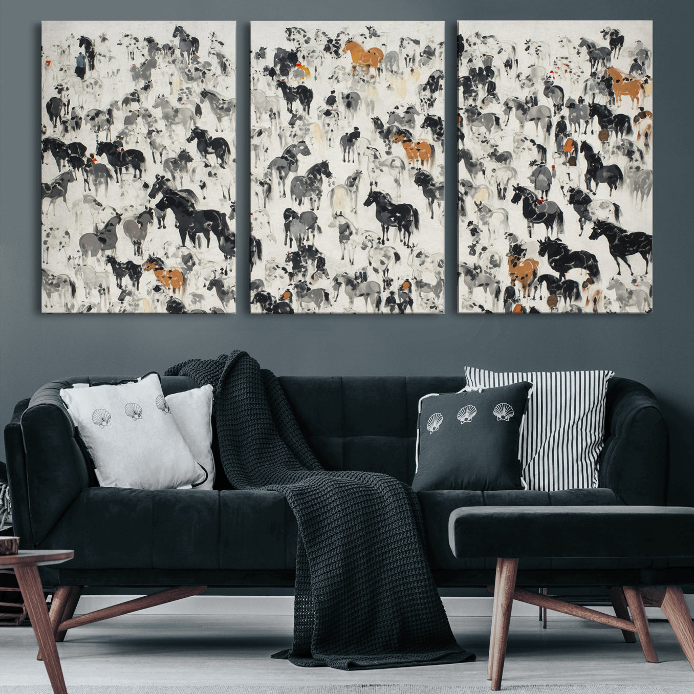 56463722-MGV-CV-60X30-3P-Wild Horse Stampede Wall Art Canvas Print – Monochrome Running Horses Dynamic Motion Elegant Scene Artwork for Home, Office