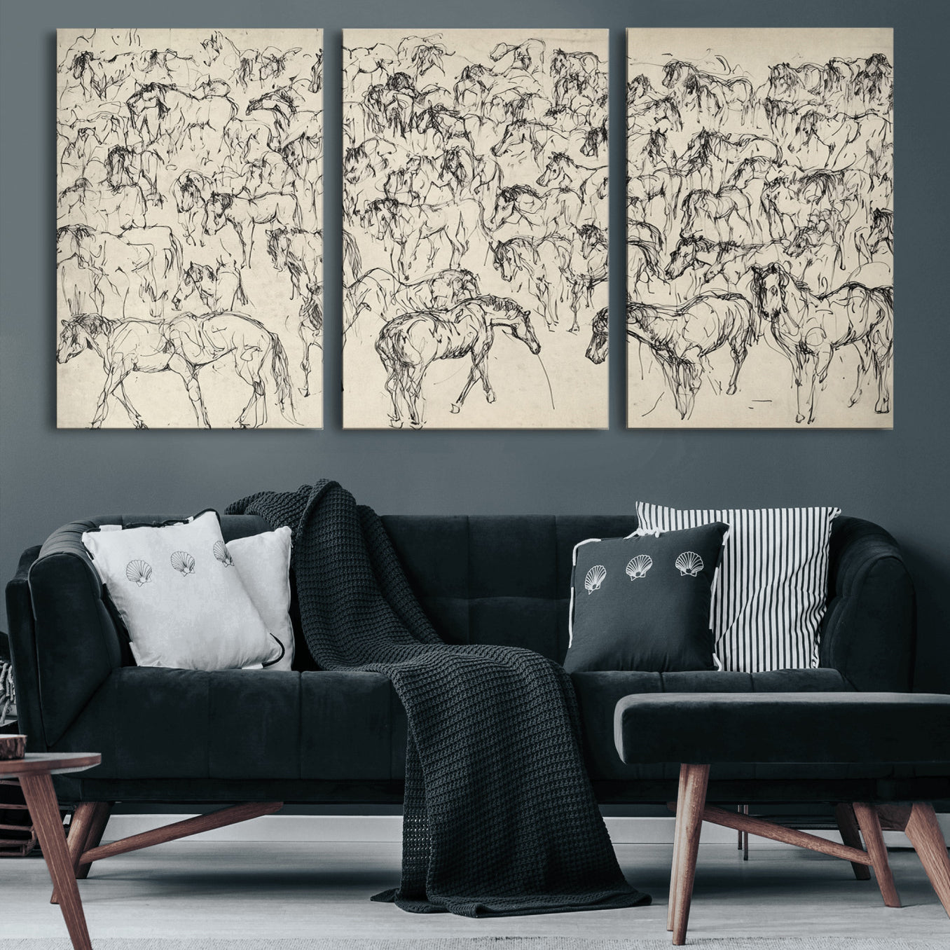 86653927-MGV-CV-60X30-3P-Wild Horse Stampede Wall Art Canvas Print – Monochrome Running Horses Dynamic Motion Elegant Artwork for Home, Office