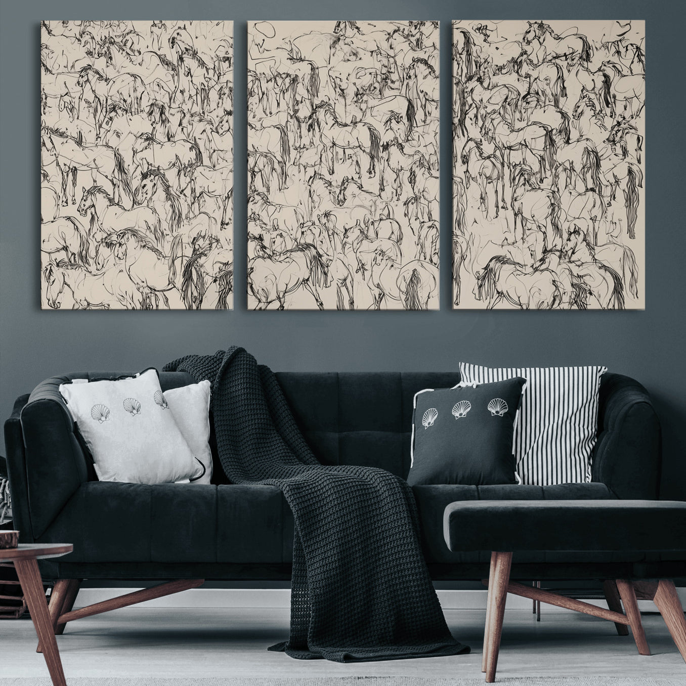 12358908-MGV-CV-60X30-3P-Wild Horse Stampede Wall Art Canvas Print – Monochrome Running Horses Dynamic Motion Elegant Artwork for Home, Office