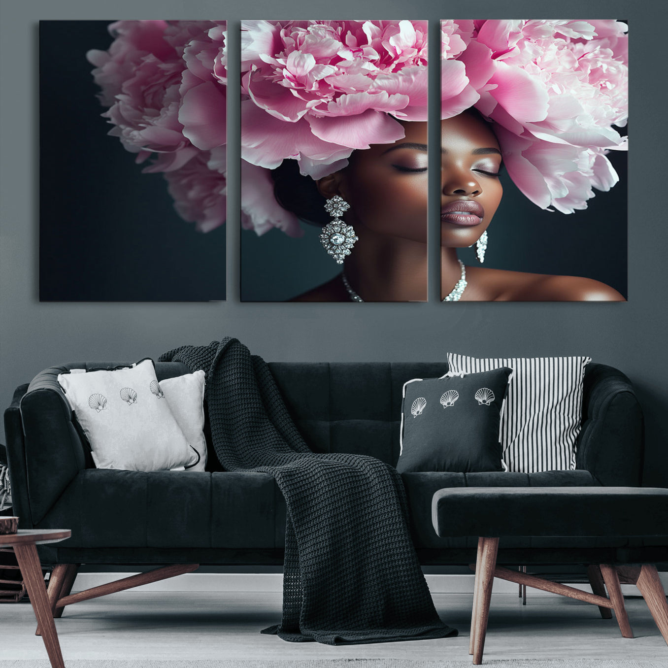 35482880-MGV-CV-60X30-3P-Black Beauty Petal Crown Wall Art Canvas Print – Floral Petal Headpiece Elegant Design, Petal Inspired Artwork for Home, Office