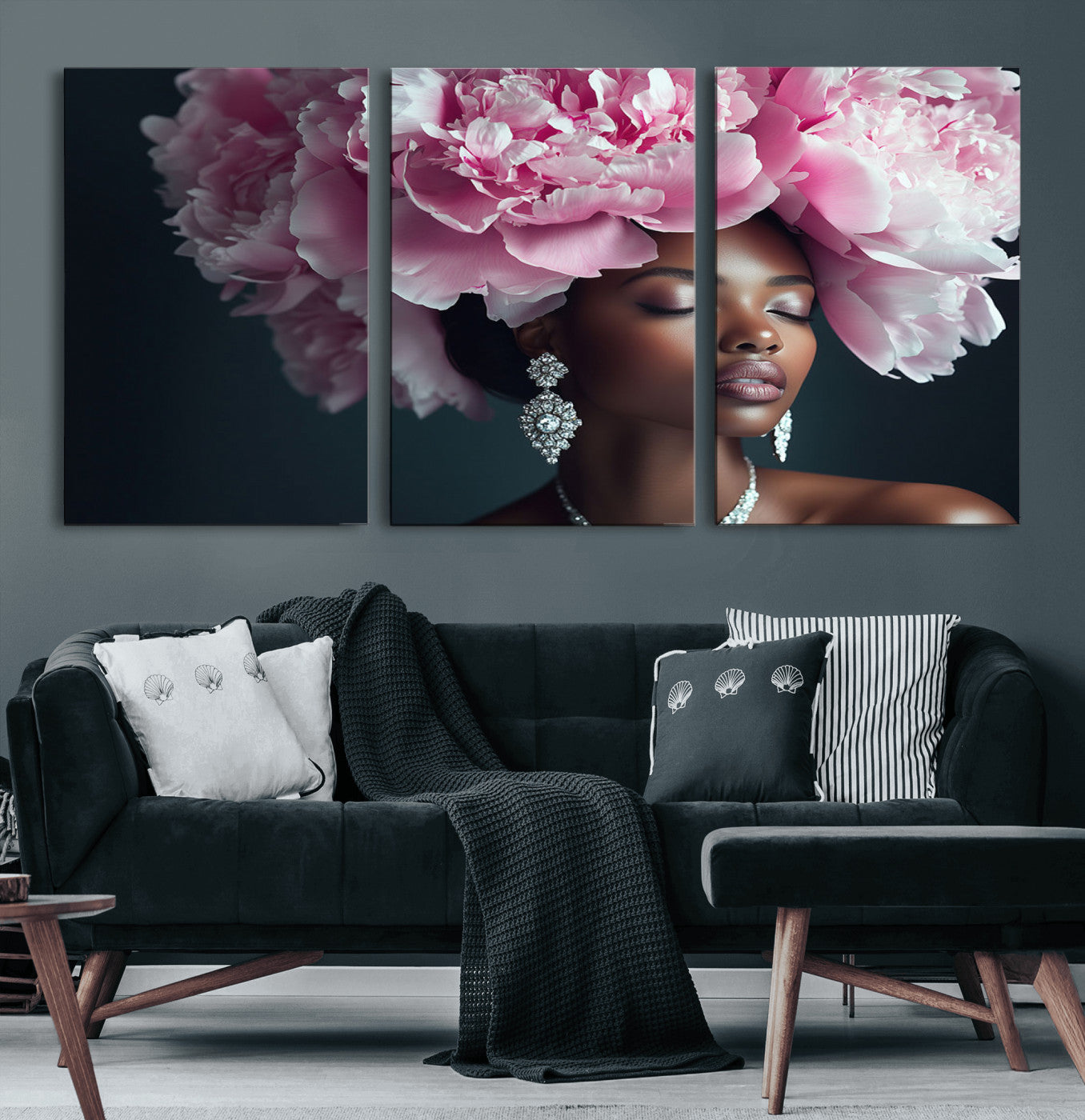 35482880-MGV-CV-60X30-3P-Black Beauty Petal Crown Wall Art Canvas Print – Floral Petal Headpiece Elegant Design, Petal Inspired Artwork for Home, Office