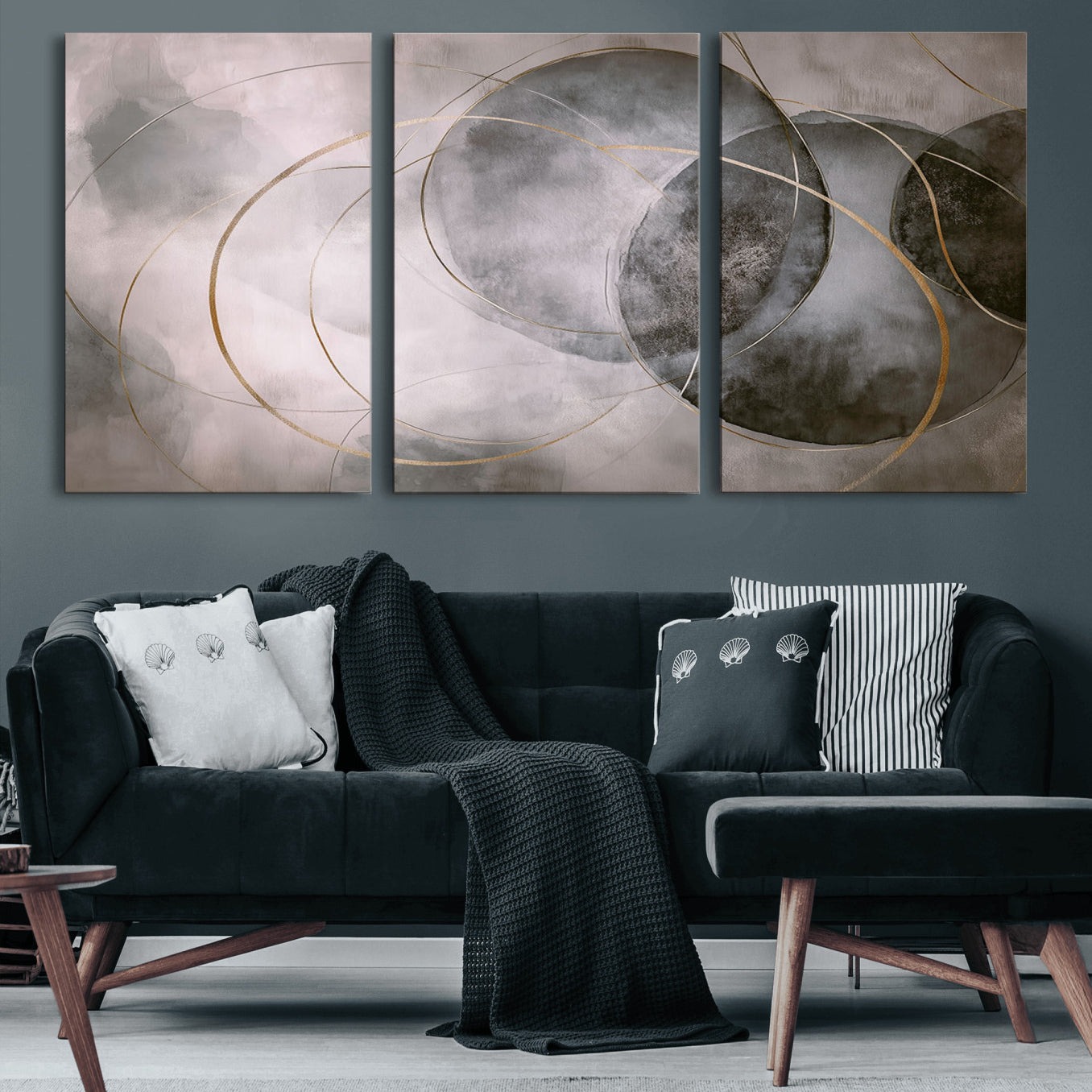 20066876-MGV-CV-60X30-3P-Abstract Grey Gold Circle Wall Art – Modern Geometric Canvas Artwork, Minimal Elegant Design, Luxury Wall Decor for Home, Office