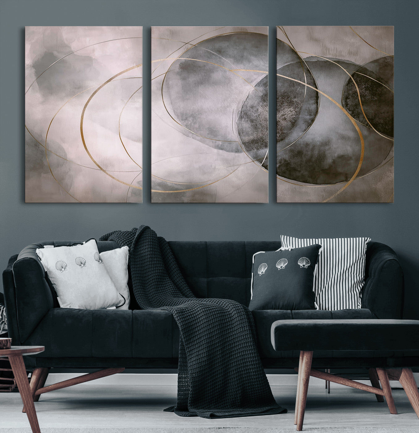 20066876-MGV-CV-60X30-3P-Abstract Grey Gold Circle Wall Art – Modern Geometric Canvas Artwork, Minimal Elegant Design, Luxury Wall Decor for Home, Office
