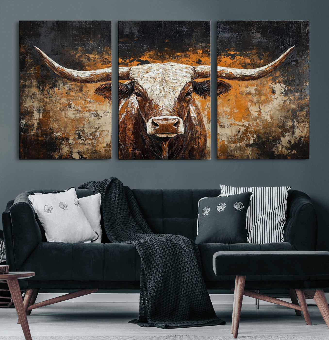 25265572-MGV-CV-60X30-3P-Rustic Longhorn Bull Wall Art Canvas Print – Vintage Western Cattle Scene, Texas Steer Artwork for Home, Office