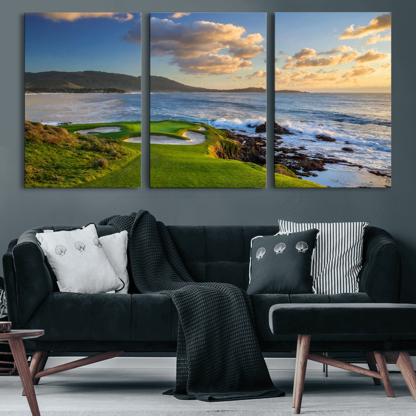 50107048-MGV-CV-60X30-3P-Pebble Beach Golf Links Wall Art Canvas Print – Iconic Coastal Golf Course Artwork for Home, Office, Living Room