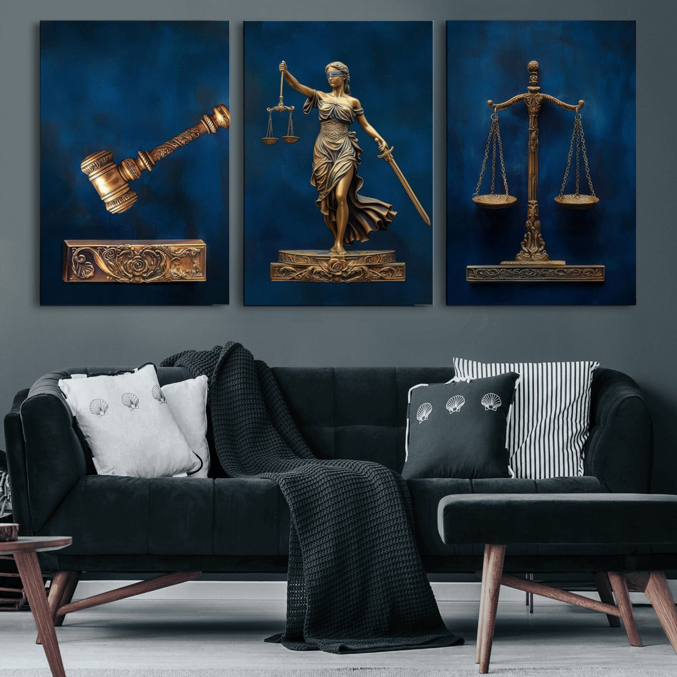 91629053-MGV-CV-60X30-3P-Lady Justice Wall Art Canvas Print – Elegant Gold Legal Symbols Blue Background Artwork for Home, Office, Living Room