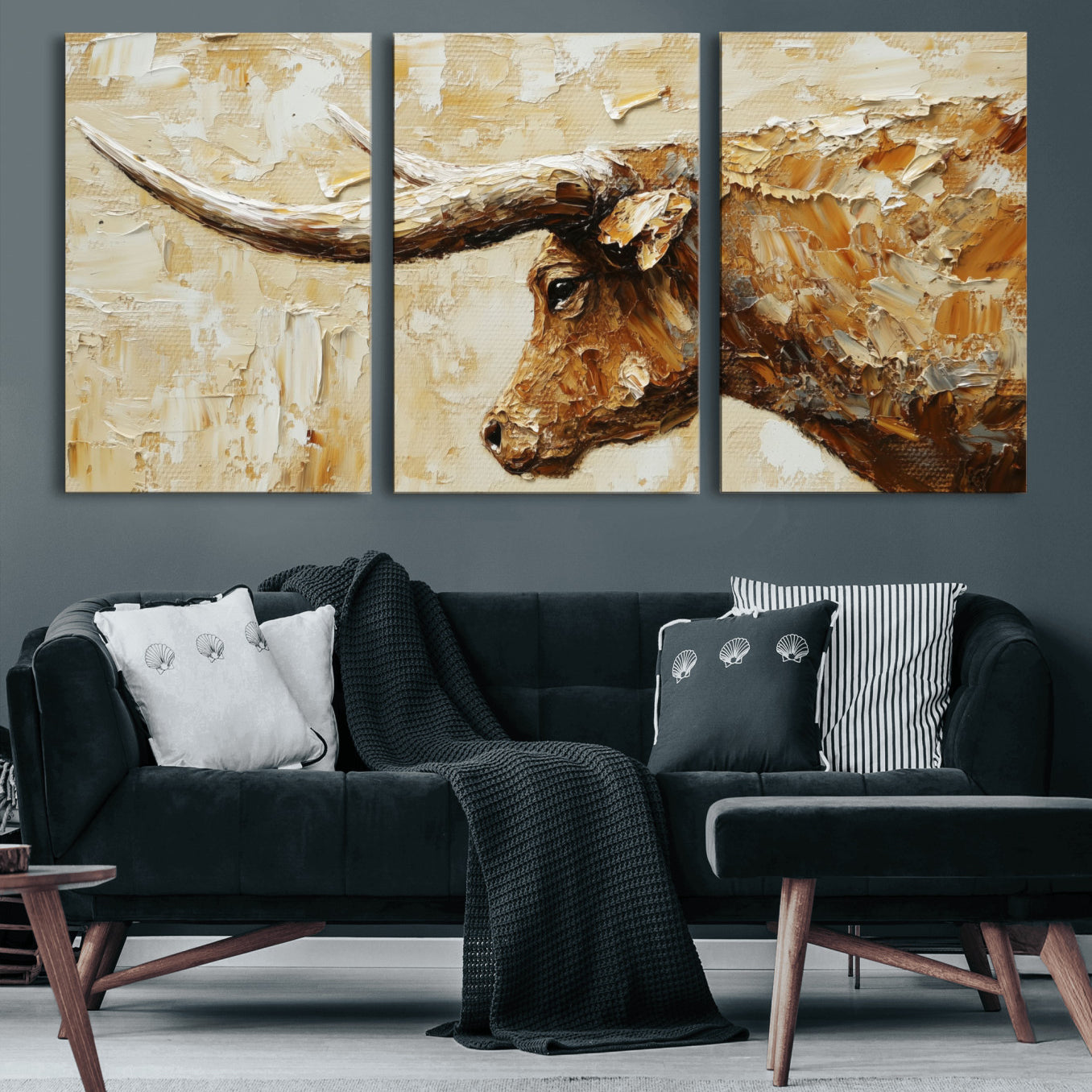 69611428-MGV-CV-36X24 - Rustic Longhorn Bull Wall Art Canvas Print – Vintage Western Cattle Painting, Texas Abstract Wall Cow Prints