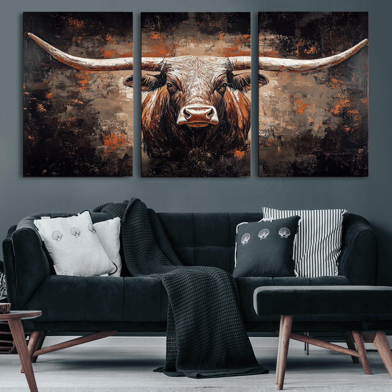 24779067-MGV-CV-60X30-3P-Rustic Longhorn Bull Wall Art Canvas Print – Vintage Western Cattle Scene, Texas Steer Artwork for Home, Office