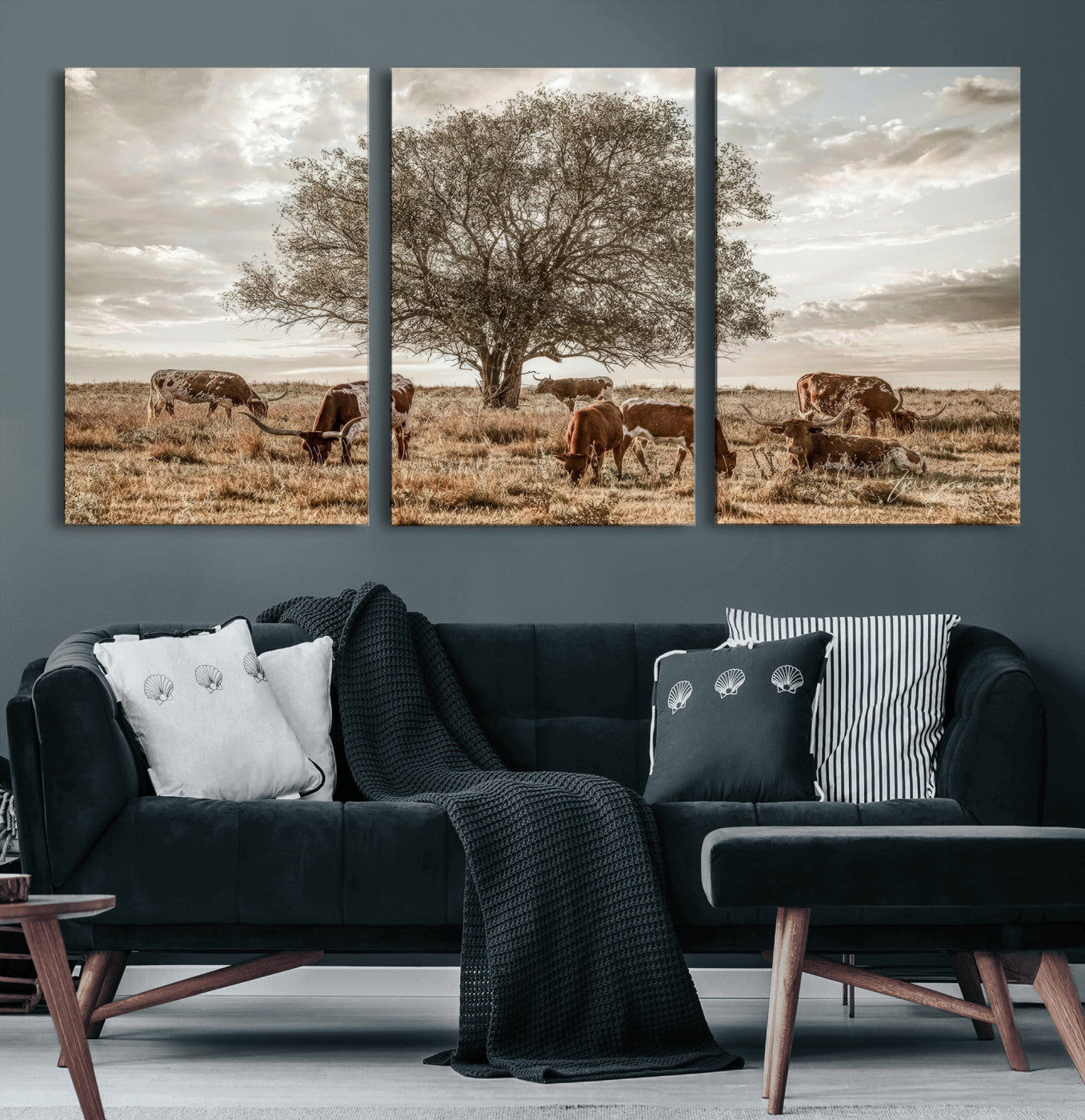 87590224-MGV-CV-36X24 - Texas Longhorn Cattle Wall Art Canvas Print – Rustic Western Ranch Scene with Steers at Sunset, Perfect for Farmhouse or Cowboy Decor