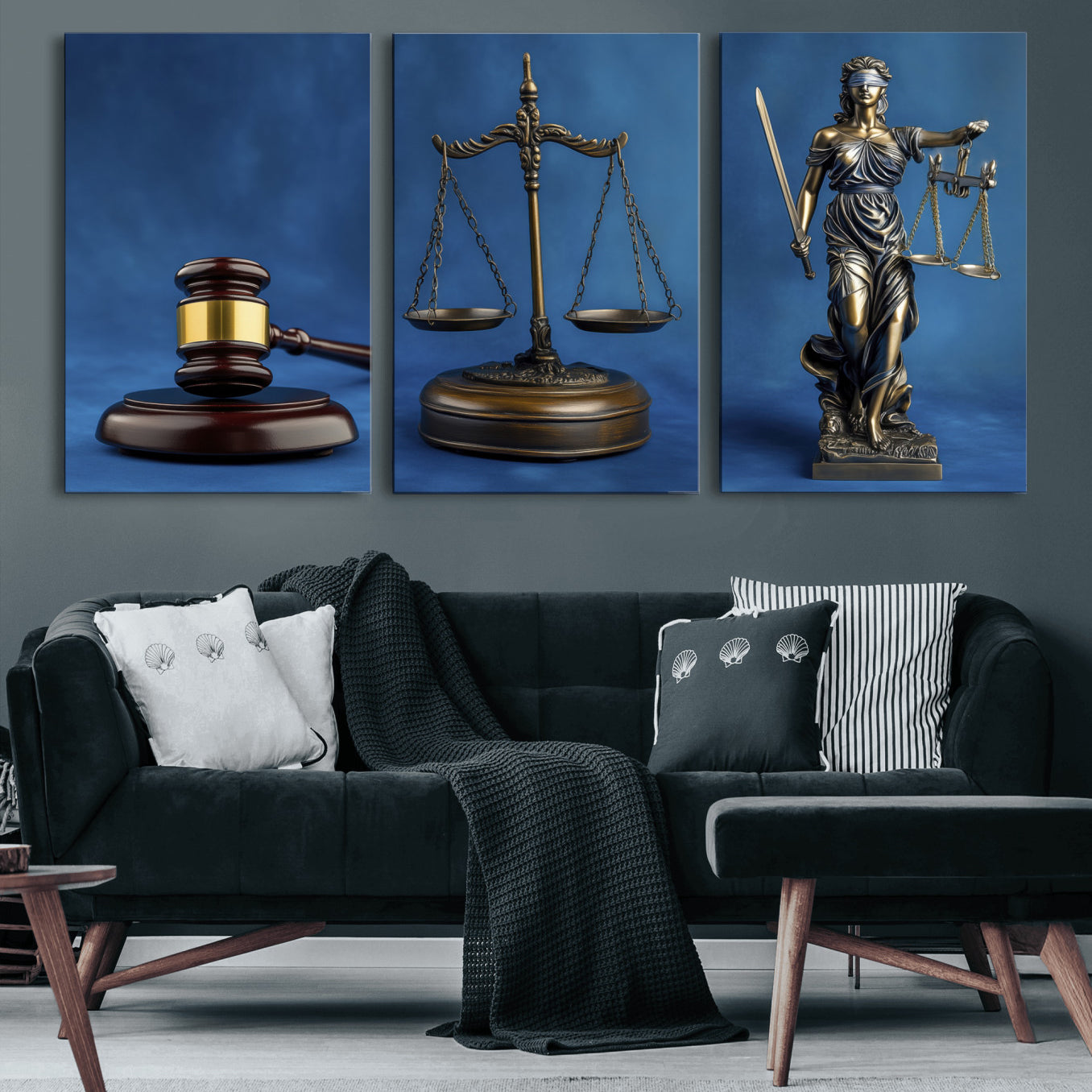 27565987-MGV-CV-60X30-3P - Legal Justice Wall Art Canvas – Gavel, Scales & Lady Justice with Courtroom Canvas Print for Law Office or Lawyer Gifts